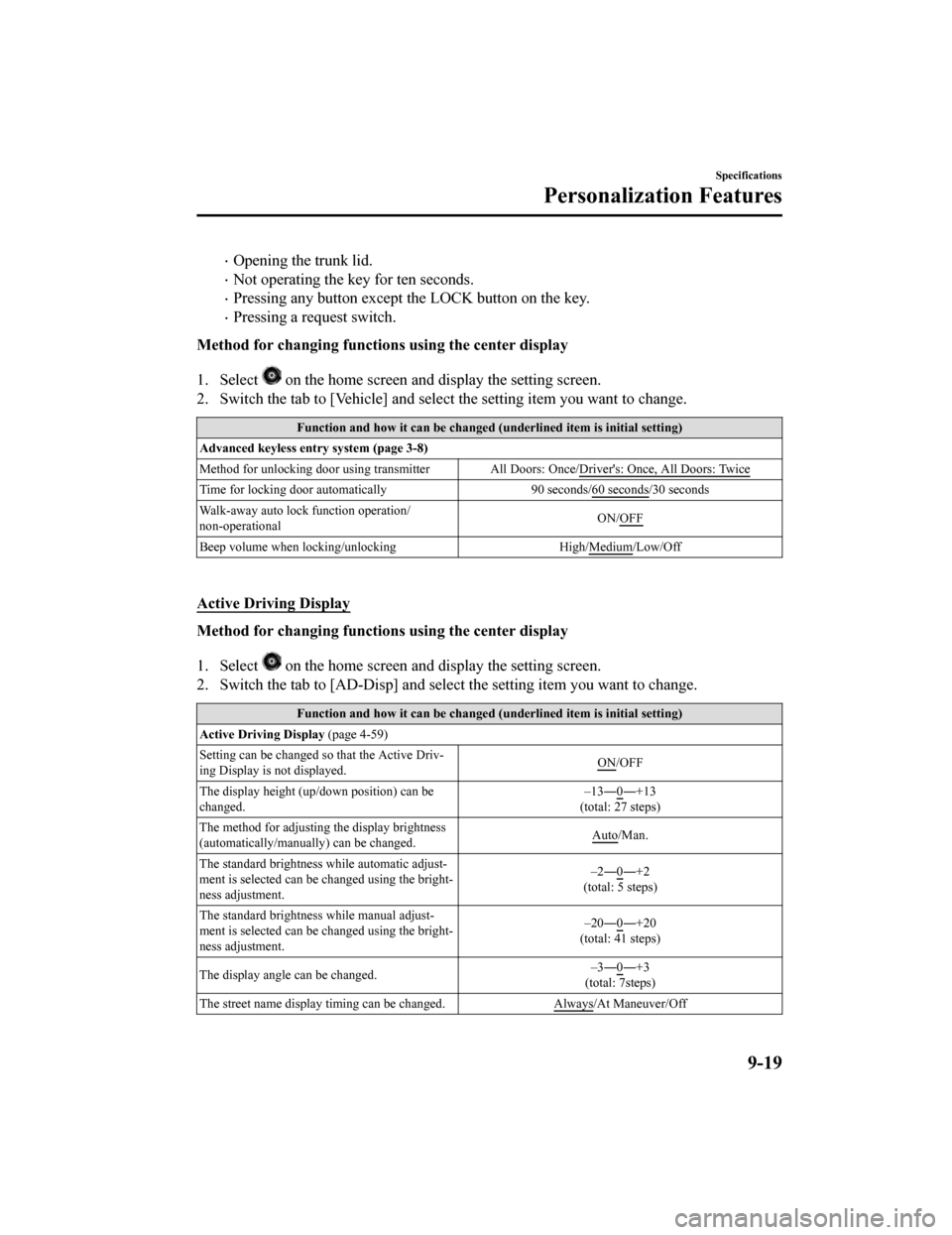 MAZDA MODEL 6 2019  Owners Manual (in English) Opening the trunk lid.
Not operating the key for ten seconds.
Pressing any button except the LOCK button on the key.
Pressing a request switch.
Method for changing functions using the cent