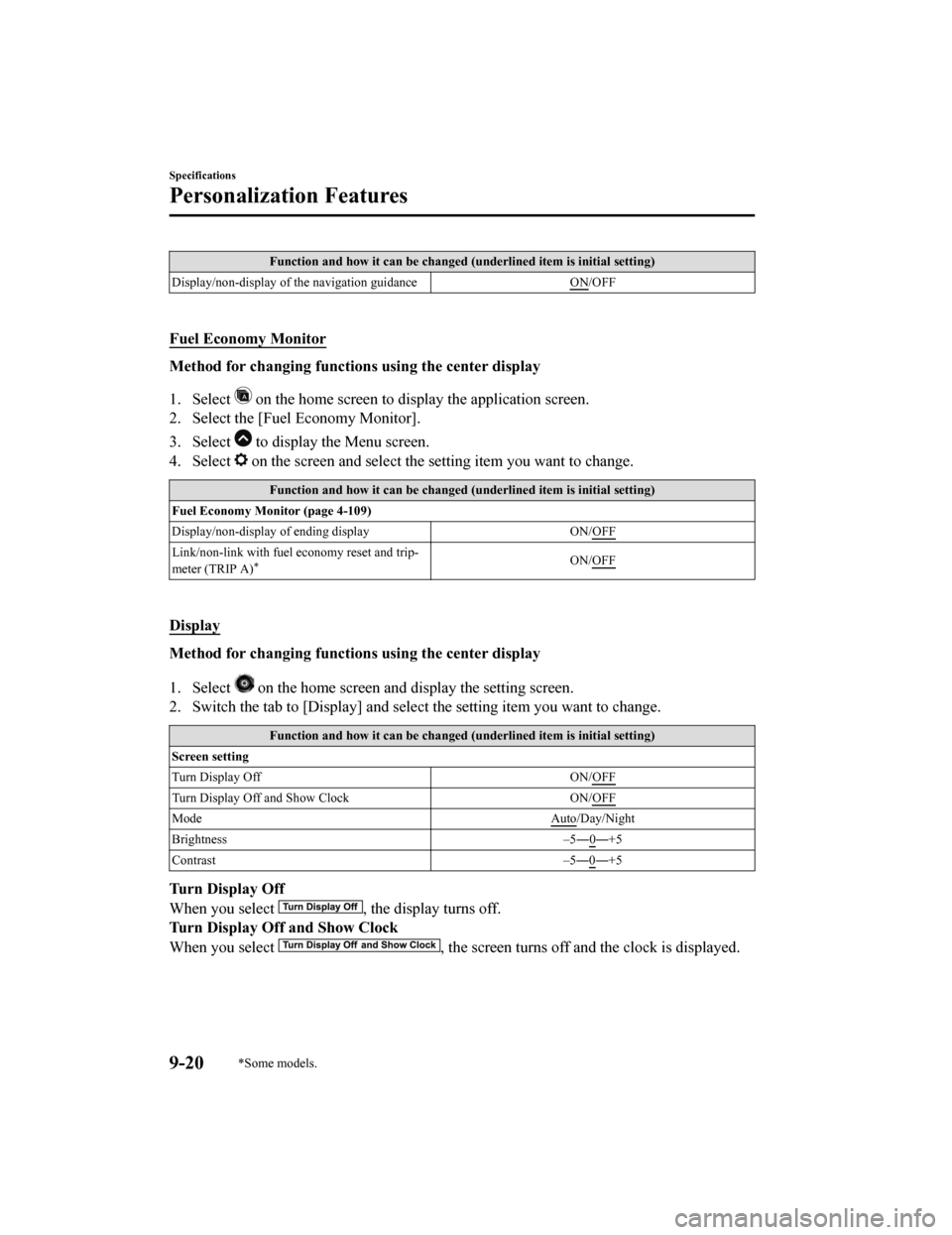 MAZDA MODEL 6 2019 Owners Manual (in English) Function and how it can be changed (underlined item is initial setting)
Display/non-display of the navigation guidance ON
/OFF
Fuel Economy Monitor
Method for changing functions using the center dis MAZDA MODEL 6 2019 Owners Manual (in English) Function and how it can be changed (underlined item is initial setting)
Display/non-display of the navigation guidance ON
/OFF
Fuel Economy Monitor
Method for changing functions using the center dis