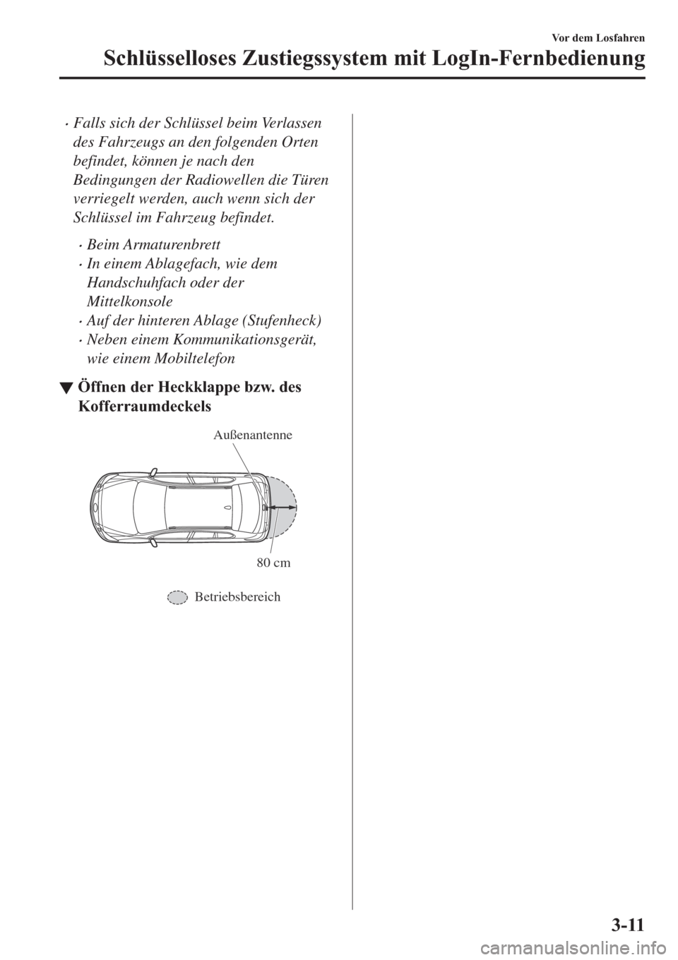 MAZDA MODEL 6 2019  Betriebsanleitung (in German) �xFalls sich der Schlüssel beim Verlassen
des Fahrzeugs an den folgenden Orten
befindet, können je nach den
Bedingungen der Radiowellen die Türen
verriegelt werden, auch wenn sich der
Schlüssel im