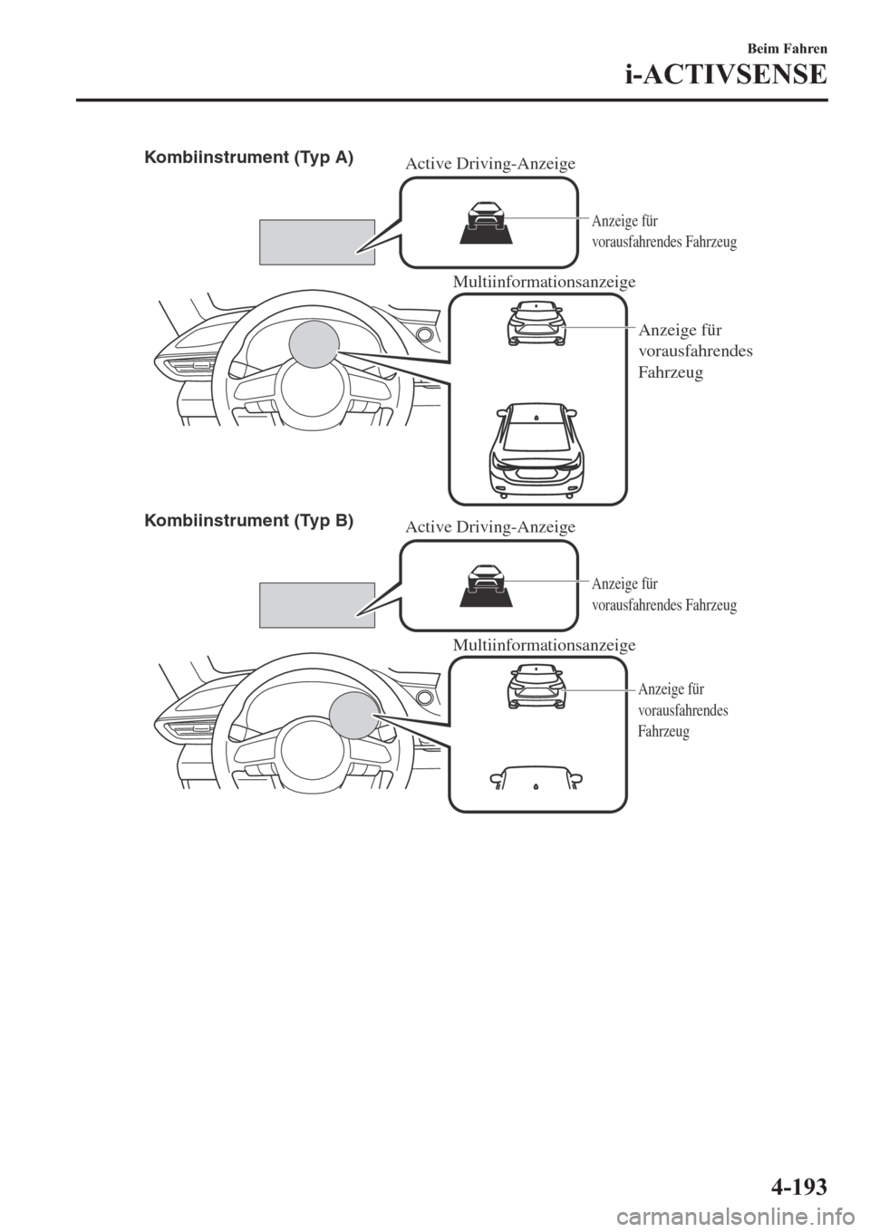 MAZDA MODEL 6 2019  Betriebsanleitung (in German) Multiinformationsanzeige Multiinformationsanzeige Active Driving-Anzeige Kombiinstrument (Typ A)
Kombiinstrument (Typ B)
Anzeige für 
vorausfahrendes Fahrzeug
Anzeige für 
vorausfahrendes 
Fahrzeug
