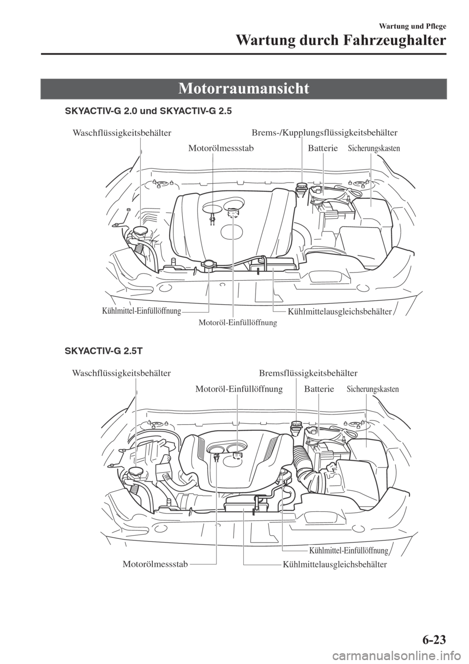 MAZDA MODEL 6 2019  Betriebsanleitung (in German) �0�R�W�R�U�U�D�X�P�D�Q�V�L�F�K�W
Waschflüssigkeitsbehälter
Motoröl-Einfüllöffnung
MotorölmessstabBatterie
Sicherungskasten
Kühlmittel-Einfüllöffnung
Kühlmittelausgleichsbehälter
Waschflüss