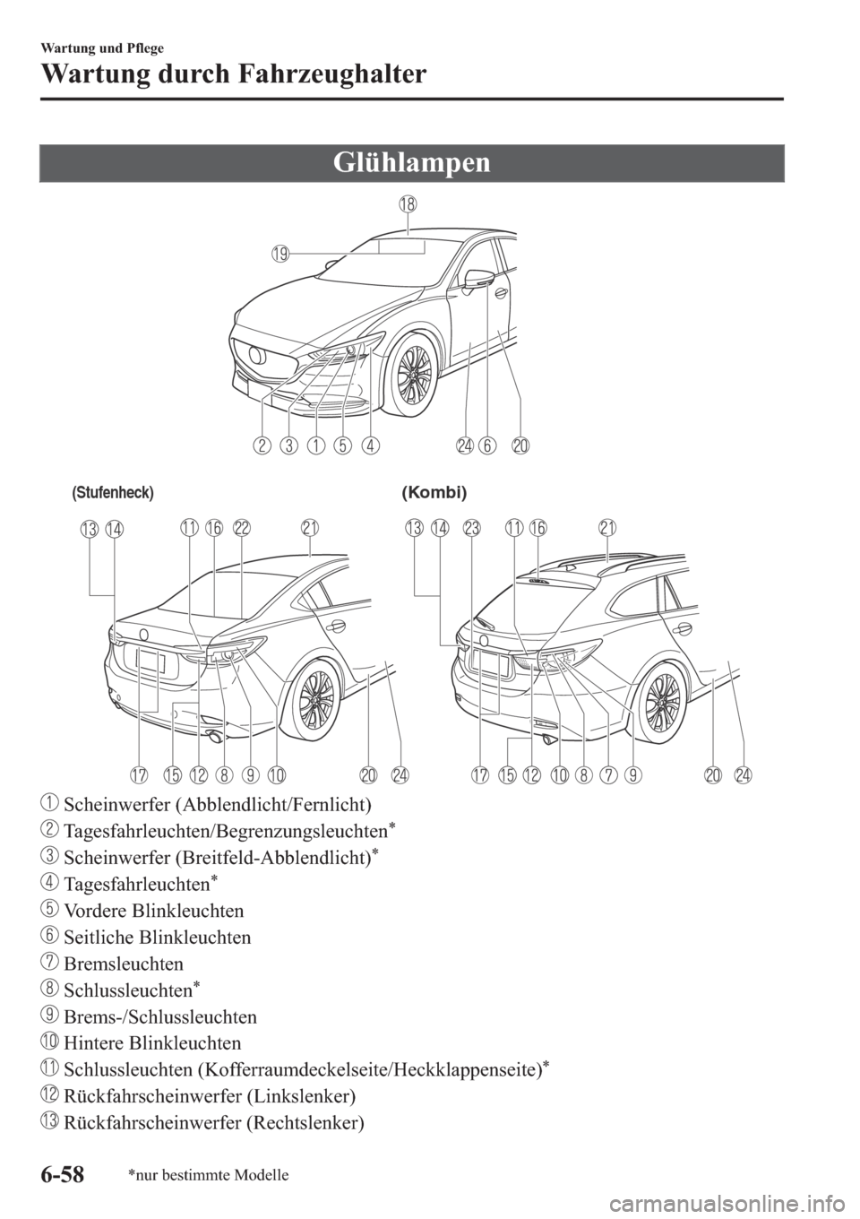 MAZDA MODEL 6 2019  Betriebsanleitung (in German) �*�O�
(Stufenheck)(Kombi)
��6�F�K�H�L�Q�Z�H�U�I�H�U���$�E�E�O�H�Q�G�O�L�F�K�W��)�H�U�Q�O�L�F�K�W�
��7�D�J�H�V�I�D�K�U�O�H�X�F�K�W�H�Q��%�H�J�U�H�Q�]�X�Q�J�V�O�H�X�F�K�W�H�Q�
��6�F�K�H�L�Q�Z�H