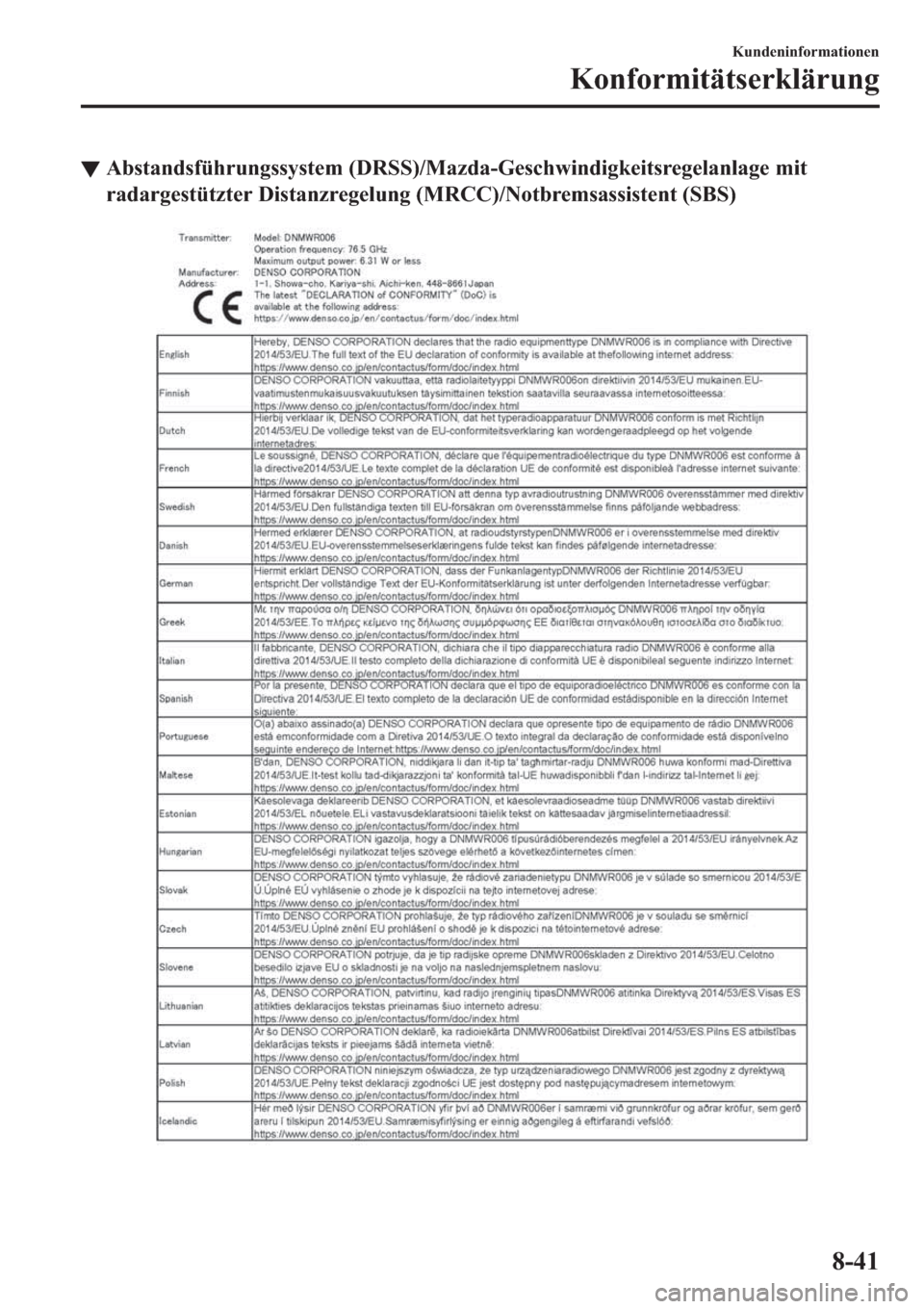 MAZDA MODEL 6 2019  Betriebsanleitung (in German) ▼�$�E�V�W�D�Q�G�V�I�