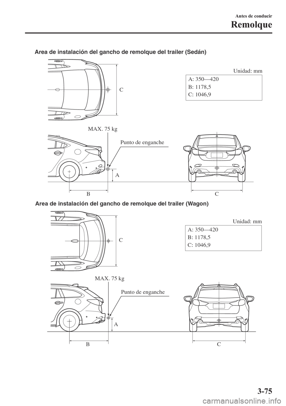 MAZDA MODEL 6 2019  Manual del propietario (in Spanish) C
Unidad: mm
A
BCA: 350—420
B: 1178,5
C: 1046,9 Area de instalación del gancho de remolque del trailer (Sedán)
MAX. 75 kg
Punto de enganche
C
Unidad: mm
A
BCA: 350—420
B: 1178,5
C: 1046,9 Area d