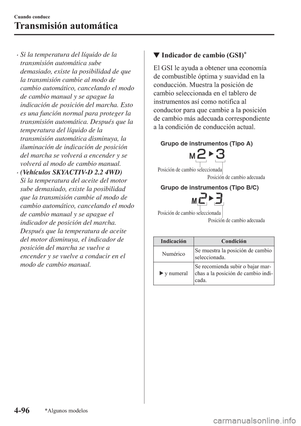 MAZDA MODEL 6 2019  Manual del propietario (in Spanish) �xSi la temperatura del líquido de la
transmisión automática sube
demasiado, existe la posibilidad de que
la transmisión cambie al modo de
cambio automático, cancelando el modo
de cambio manual y