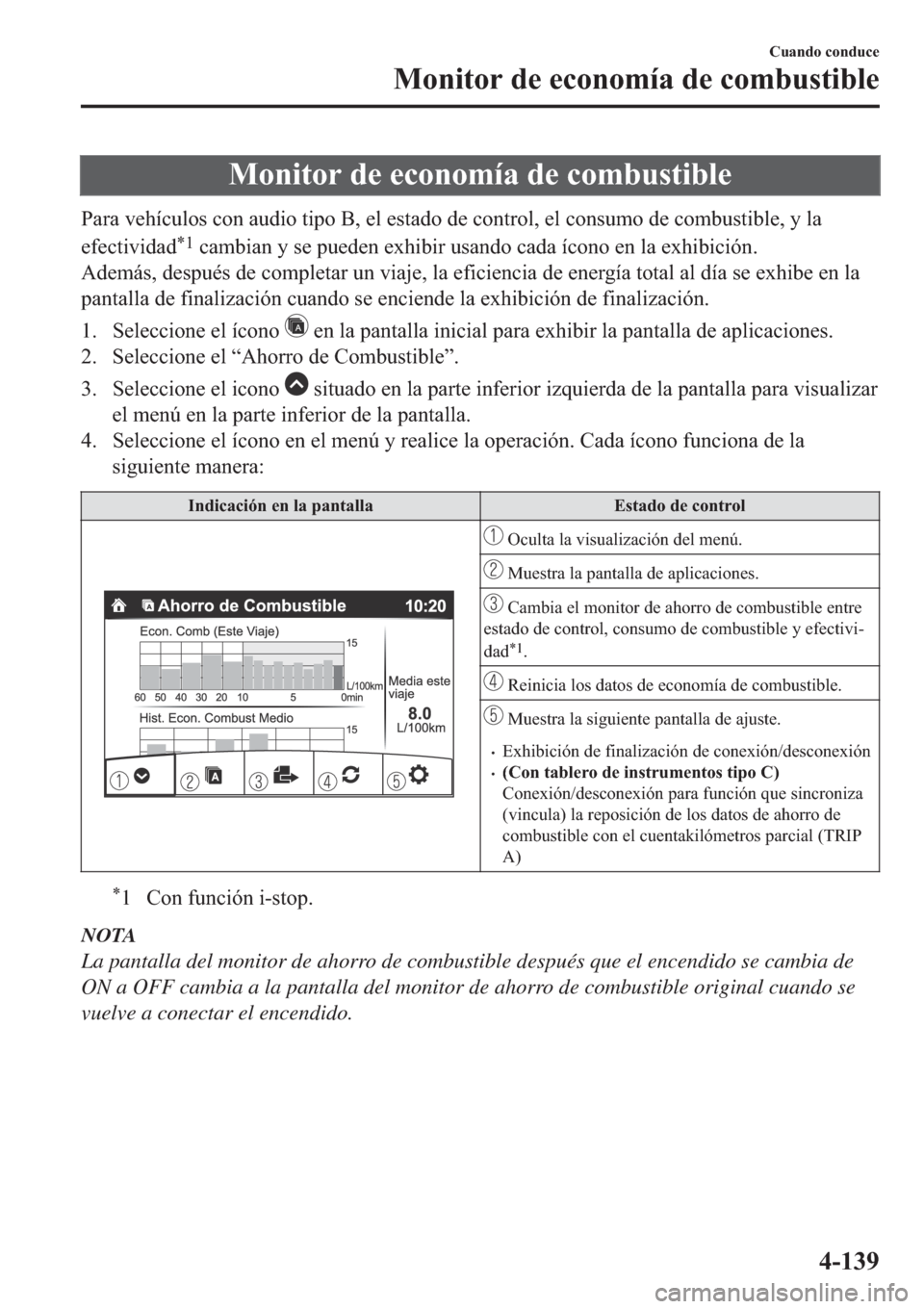 MAZDA MODEL 6 2019  Manual del propietario (in Spanish) �0�R�Q�L�W�R�U��G�H��H�F�R�Q�R�P�t�D��G�H��F�R�P�E�X�V�W�L�E�O�H
�3�D�U�D��Y�H�K�t�F�X�O�R�V��F�R�Q��D�X�G�L�R��W�L�S�R��%���H�O��H�V�W�D�G�R��G�H��F�R�Q�W�U�R�O���H�O��F�R�Q�V�X�P�R�