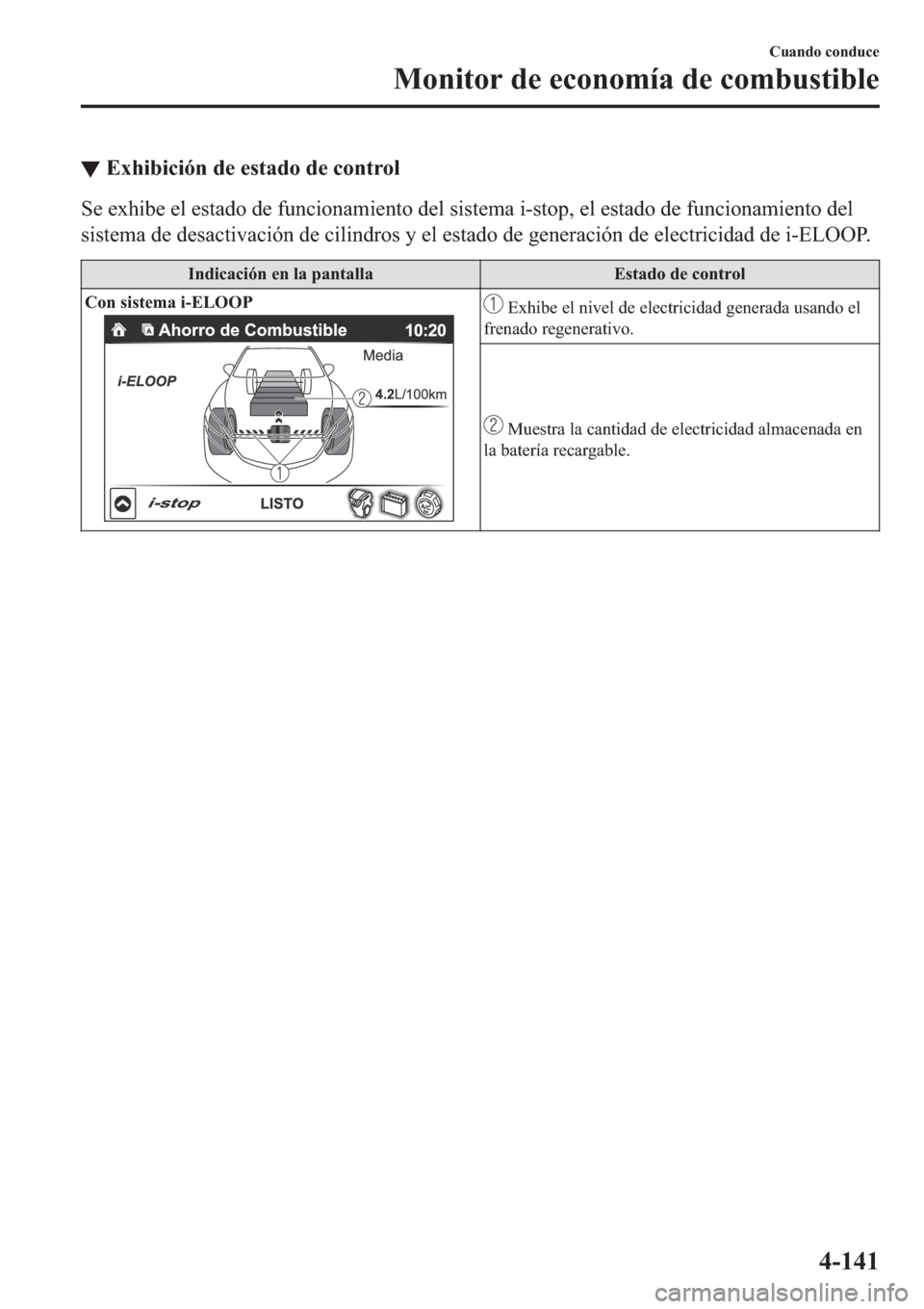 MAZDA MODEL 6 2019  Manual del propietario (in Spanish) ▼�(�[�K�L�E�L�F�L�y�Q��G�H��H�V�W�D�G�R��G�H��F�R�Q�W�U�R�O
�6�H��H�[�K�L�E�H��H�O��H�V�W�D�G�R��G�H��I�X�Q�F�L�R�Q�D�P�L�H�Q�W�R��G�H�O��V�L�V�W�H�P�D��L��V�W�R�S���H�O��H�V�W�D�G�R