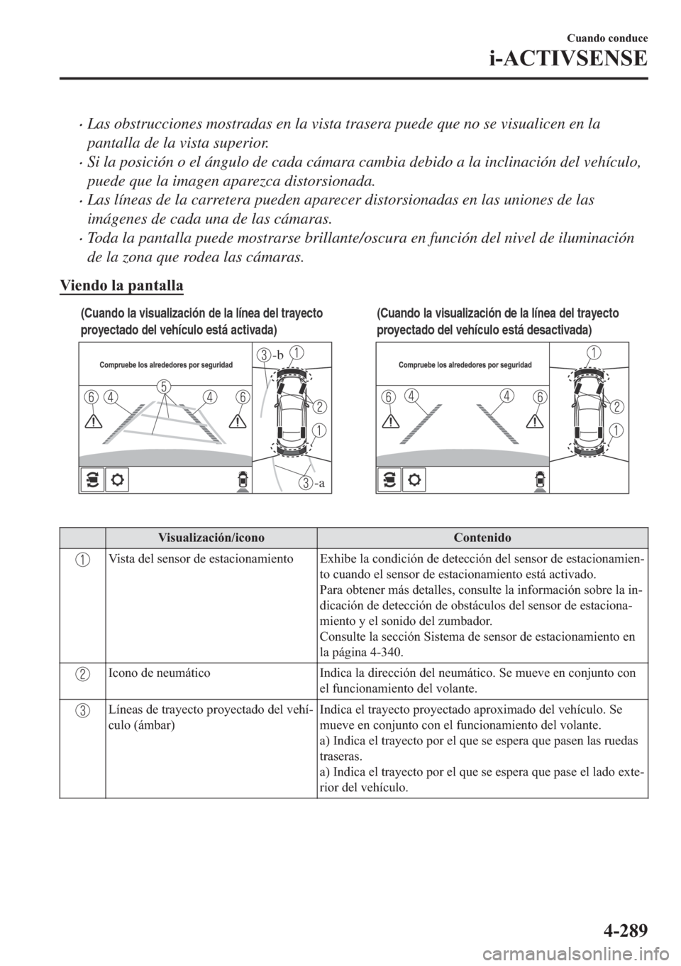MAZDA MODEL 6 2019  Manual del propietario (in Spanish) �xLas obstrucciones mostradas en la vista trasera puede que no se visualicen en la
pantalla de la vista superior.
�xSi la posición o el ángulo de cada cámara cambia debido a la inclinación del veh