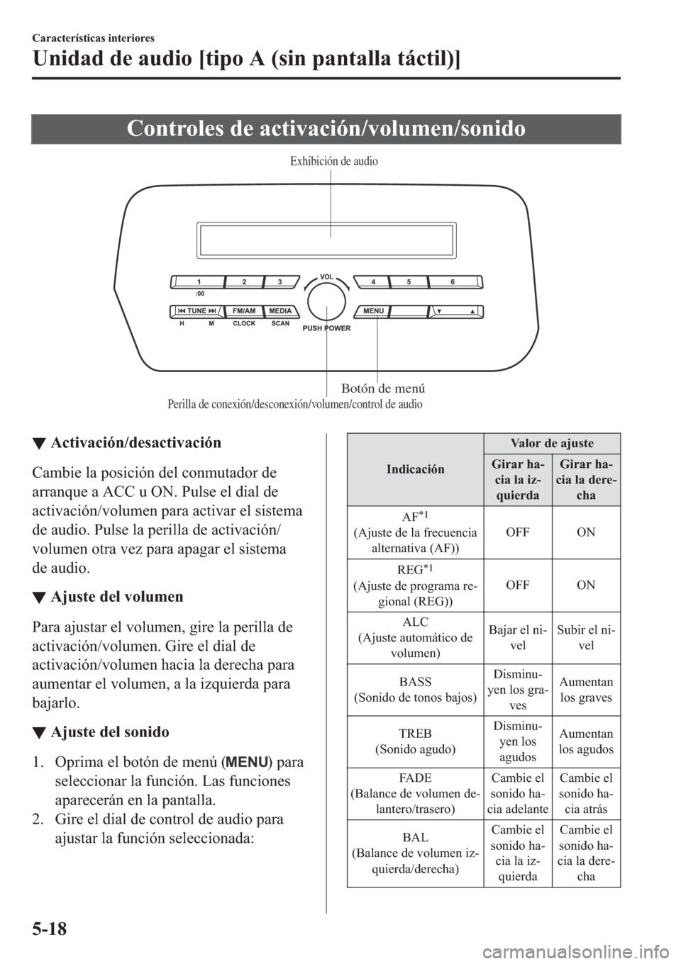 MAZDA MODEL 6 2019  Manual del propietario (in Spanish) �&�R�Q�W�U�R�O�H�V��G�H��D�F�W�L�Y�D�F�L�y�Q��Y�R�O�X�P�H�Q��V�R�Q�L�G�R
Perilla de conexión/desconexión/volumen/control de audioBotón de menú
Exhibición de audio
▼▼�$�F�W�L�Y�D�F�L�y�Q�