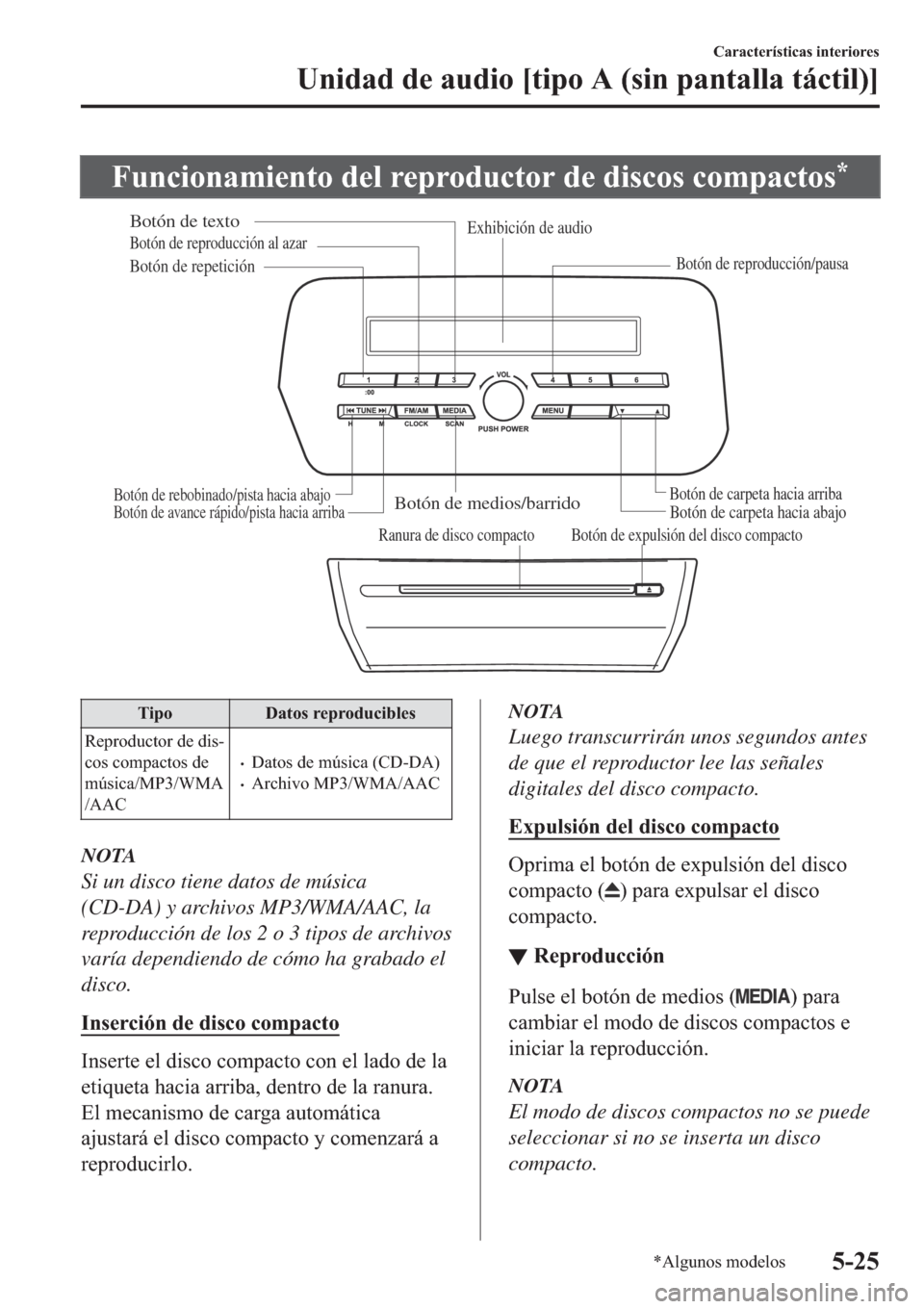MAZDA MODEL 6 2019  Manual del propietario (in Spanish) �)�X�Q�F�L�R�Q�D�P�L�H�Q�W�R��G�H�O��U�H�S�U�R�G�X�F�W�R�U��G�H��G�L�V�F�R�V��F�R�P�S�D�F�W�R�V�
Ranura de disco compactoBotón de expulsión del disco compacto
Botón de medios/barridoBotón de