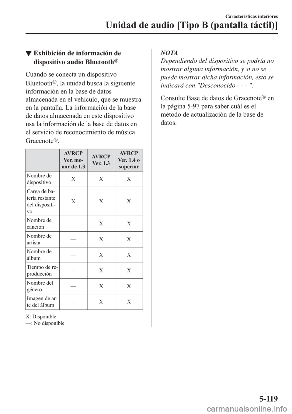 MAZDA MODEL 6 2019  Manual del propietario (in Spanish) ▼�(�[�K�L�E�L�F�L�y�Q��G�H��L�Q�I�R�U�P�D�F�L�y�Q��G�H
�G�L�V�S�R�V�L�W�L�Y�R��D�X�G�L�R��%�O�X�H�W�R�R�W�K
�Š
�&�X�D�Q�G�R��V�H��F�R�Q�H�F�W�D��X�Q��G�L�V�S�R�V�L�W�L�Y�R
�%�O�X�H�W�R�R�W