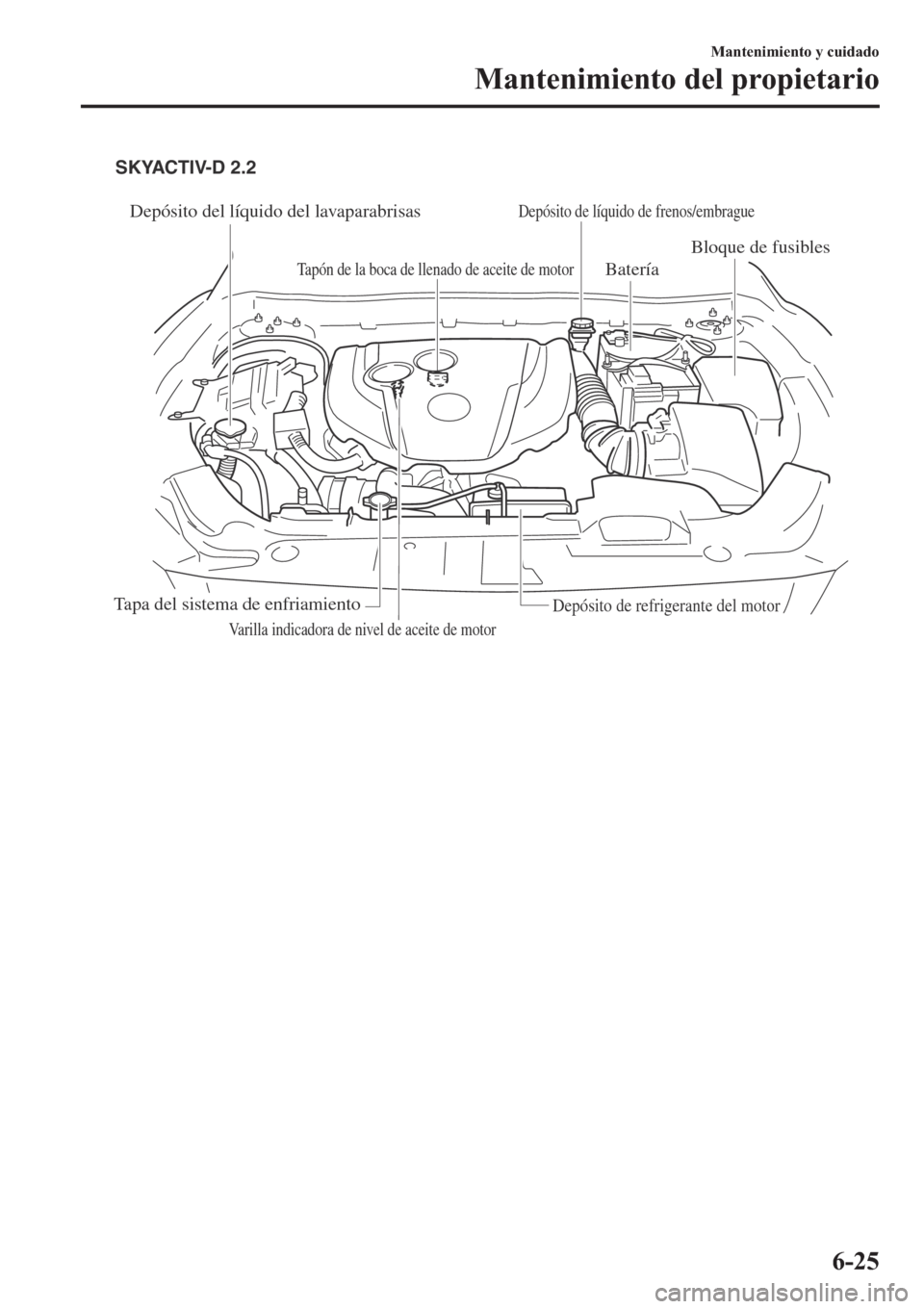 MAZDA MODEL 6 2019  Manual del propietario (in Spanish) Depósito del líquido del lavaparabrisas
Tapón de la boca de llenado de aceite de motor
Varilla indicadora de nivel de aceite de motorBatería
Bloque de fusibles
Tapa del sistema de enfriamientoDep
