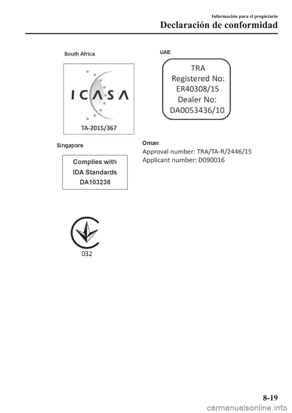 MAZDA MODEL 6 2019  Manual del propietario (in Spanish) �,�Q�I�R�U�P�D�F�L�y�Q��S�D�U�D��H�O��S�U�R�S�L�H�W�D�U�L�R
��H�F�O�D�U�D�F�L�y�Q��G�H��F�R�Q�I�R�U�P�L�G�D�G
���� 