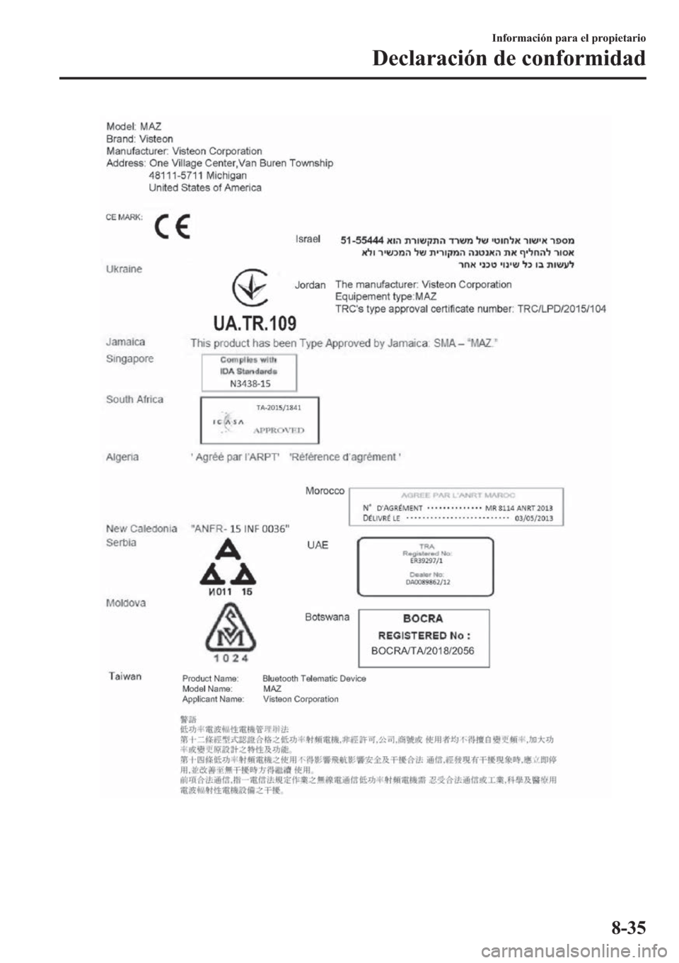 MAZDA MODEL 6 2019  Manual del propietario (in Spanish) �,�Q�I�R�U�P�D�F�L�y�Q��S�D�U�D��H�O��S�U�R�S�L�H�W�D�U�L�R
��H�F�O�D�U�D�F�L�y�Q��G�H��F�R�Q�I�R�U�P�L�G�D�G
���� 