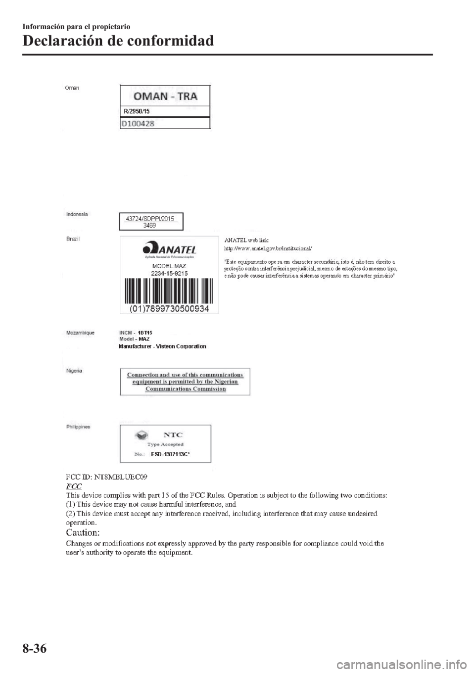 MAZDA MODEL 6 2019  Manual del propietario (in Spanish) �,�Q�I�R�U�P�D�F�L�y�Q��S�D�U�D��H�O��S�U�R�S�L�H�W�D�U�L�R
��H�F�O�D�U�D�F�L�y�Q��G�H��F�R�Q�I�R�U�P�L�G�D�G
���� 