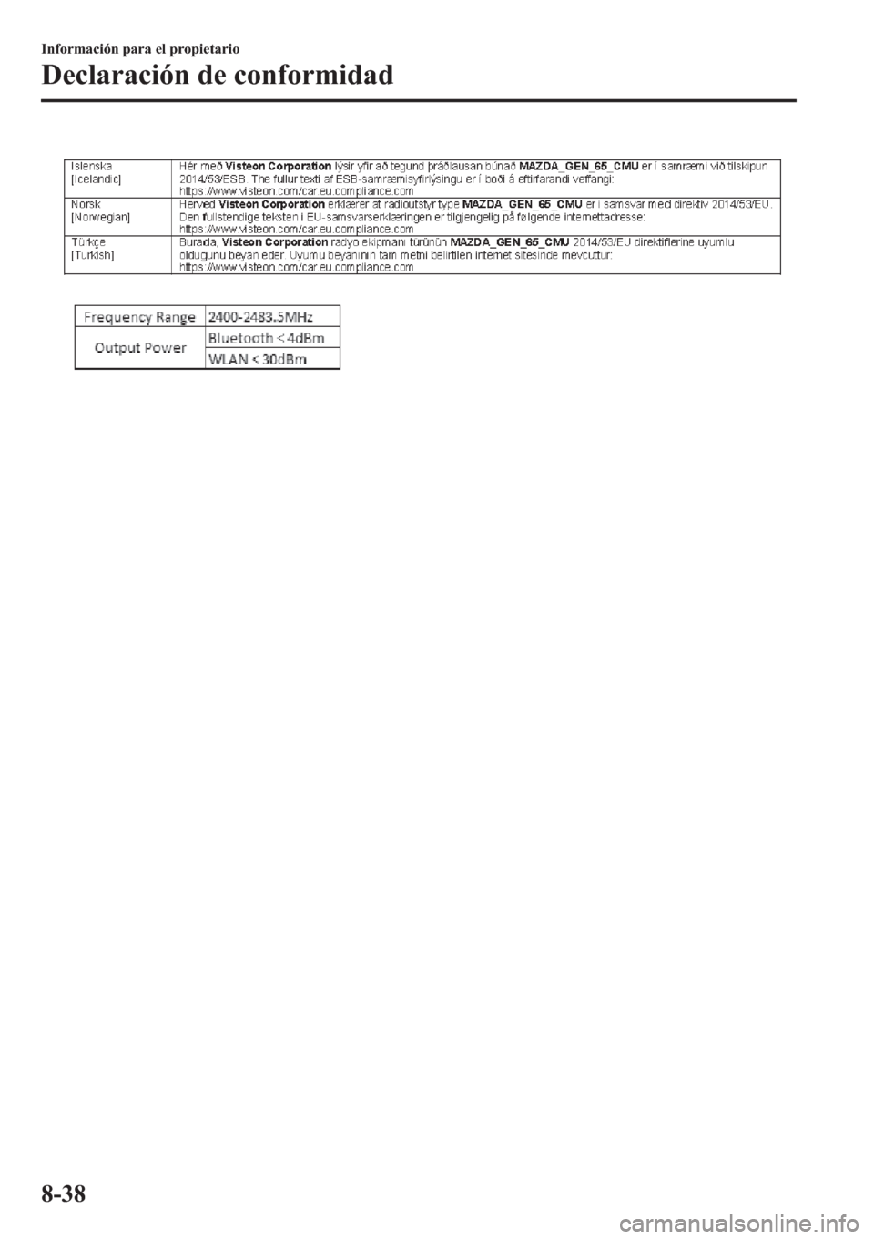 MAZDA MODEL 6 2019  Manual del propietario (in Spanish) �,�Q�I�R�U�P�D�F�L�y�Q��S�D�U�D��H�O��S�U�R�S�L�H�W�D�U�L�R
��H�F�O�D�U�D�F�L�y�Q��G�H��F�R�Q�I�R�U�P�L�G�D�G
���� 