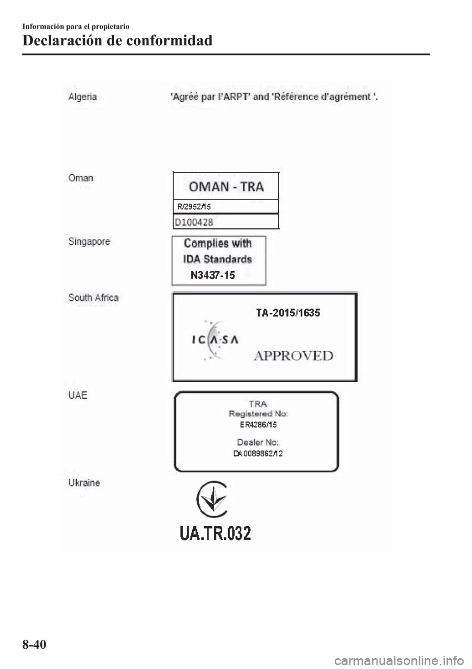 MAZDA MODEL 6 2019  Manual del propietario (in Spanish) �,�Q�I�R�U�P�D�F�L�y�Q��S�D�U�D��H�O��S�U�R�S�L�H�W�D�U�L�R
��H�F�O�D�U�D�F�L�y�Q��G�H��F�R�Q�I�R�U�P�L�G�D�G
���� 