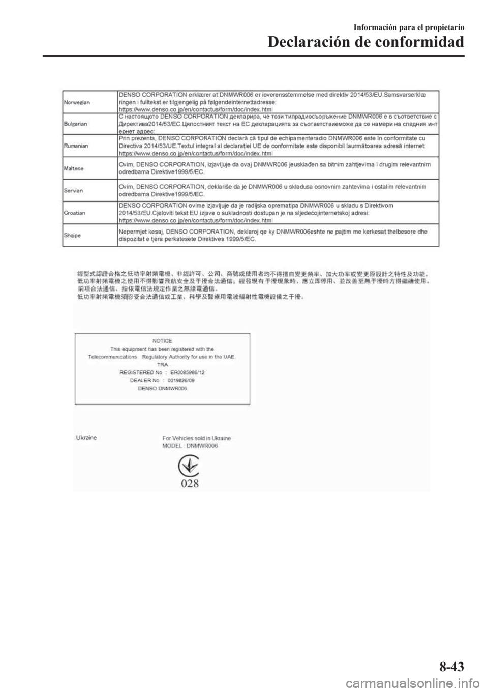 MAZDA MODEL 6 2019  Manual del propietario (in Spanish) �,�Q�I�R�U�P�D�F�L�y�Q��S�D�U�D��H�O��S�U�R�S�L�H�W�D�U�L�R
��H�F�O�D�U�D�F�L�y�Q��G�H��F�R�Q�I�R�U�P�L�G�D�G
���� 