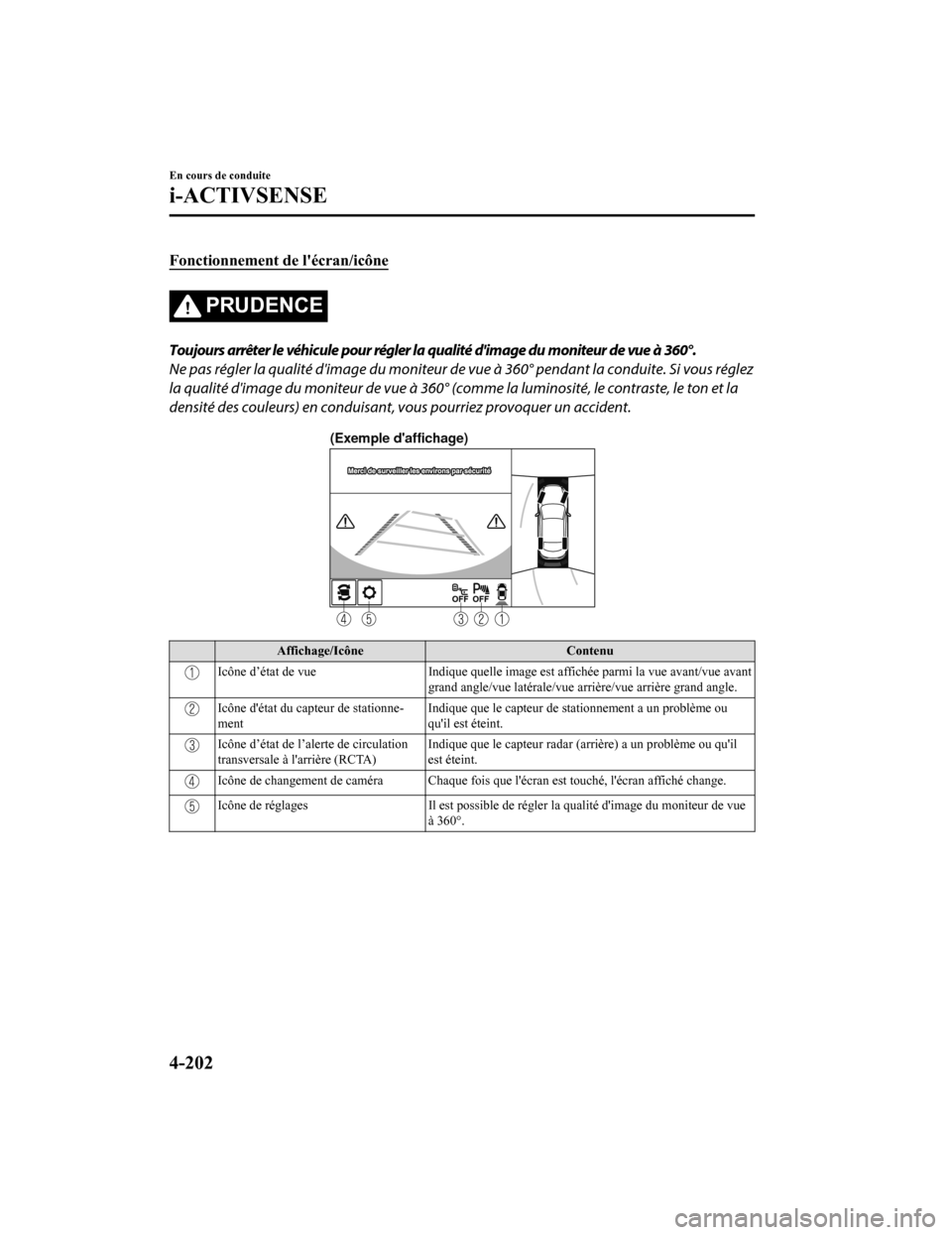 MAZDA MODEL 6 2019  Manuel du propriétaire (in French) Fonctionnement de lécran/icône
PRUDENCE
Toujours arrêter le véhicule pour régler la qualité dimage du moniteur de vue à 360°.
Ne pas régler la qualité dimage du moniteur de vue à 360° p