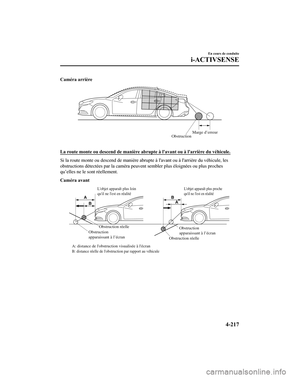 MAZDA MODEL 6 2019 Manuel du propriétaire (in French) Caméra arrière
ObstructionMarge d’erreur
La route monte ou descend de man
ière abrupte à lavant ou à larrière du véhicule.
Si la route monte ou descend de manière abrupte à lavant ou MAZDA MODEL 6 2019 Manuel du propriétaire (in French) Caméra arrière
ObstructionMarge d’erreur
La route monte ou descend de man
ière abrupte à lavant ou à larrière du véhicule.
Si la route monte ou descend de manière abrupte à lavant ou