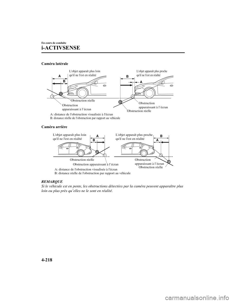 MAZDA MODEL 6 2019 Manuel du propriétaire (in French) Caméra latérale
Obstruction réelleObstruction réelle
A: distance de lobstruction visualisée à lécran
B: distance réelle de lobstru ction par rapport au véhicule
Obstruction
apparaissant MAZDA MODEL 6 2019 Manuel du propriétaire (in French) Caméra latérale
Obstruction réelleObstruction réelle
A: distance de lobstruction visualisée à lécran
B: distance réelle de lobstru ction par rapport au véhicule
Obstruction
apparaissant