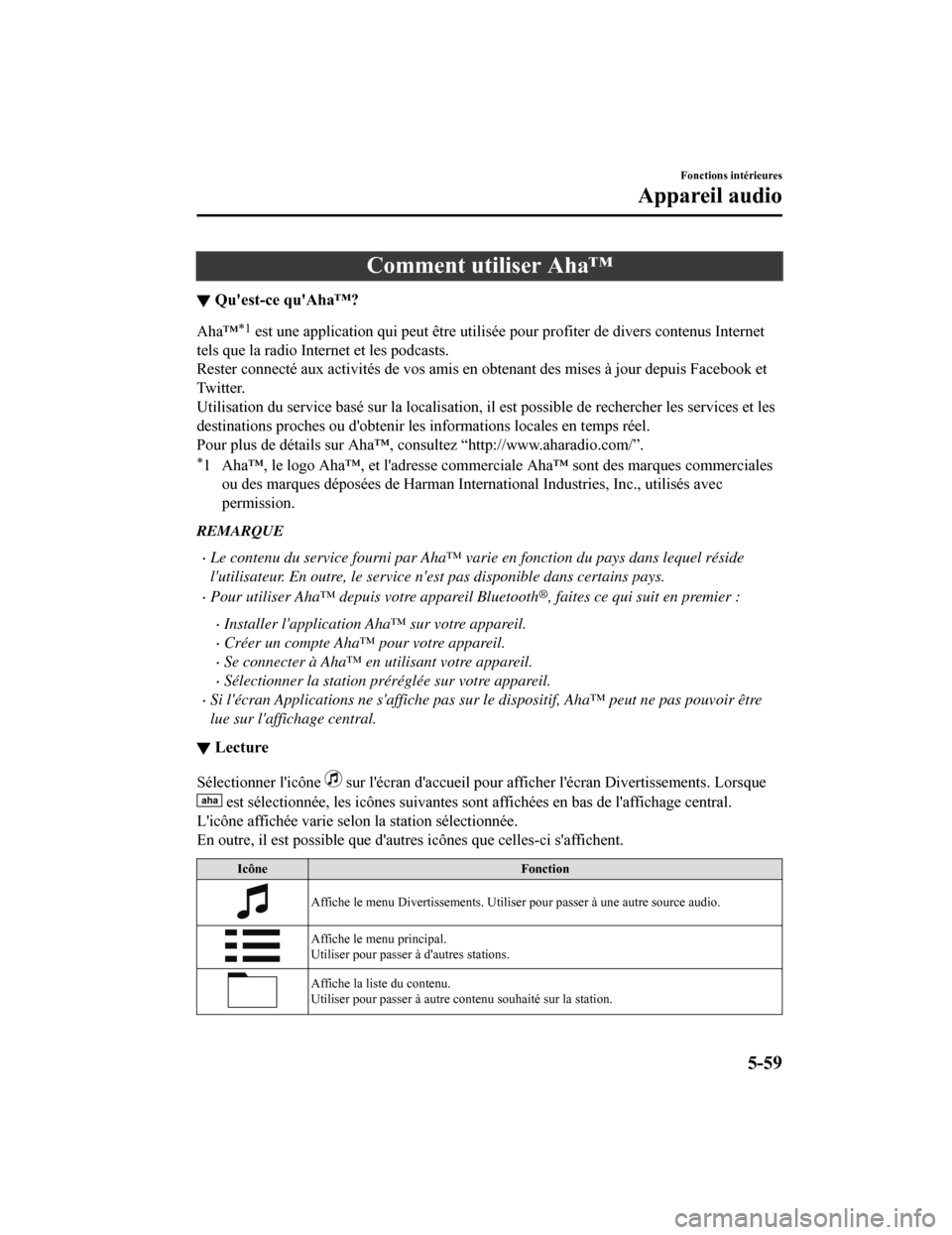 MAZDA MODEL 6 2019  Manuel du propriétaire (in French) Comment utiliser Aha™
▼Quest-ce quAha™?
Aha™*1 est une application qui peut être utilisée pour profiter de di
vers contenus Internet
tels que la radio Internet et les podcasts.
Rester conn