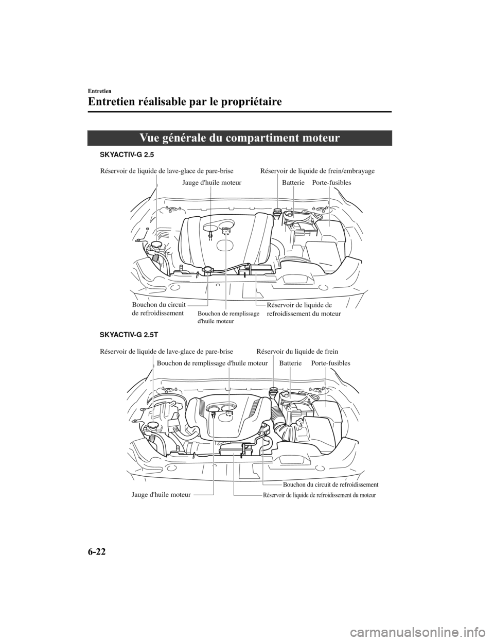 MAZDA MODEL 6 2019 Manuel du propriétaire (in French) Vue générale du compartiment moteur
Réservoir de liquide de lave-glace de pare-brise
Bouchon de remplissage dhuile moteur
Jauge dhuile moteur BatteriePorte-fusibles
Bouchon du circuit de refroidi MAZDA MODEL 6 2019 Manuel du propriétaire (in French) Vue générale du compartiment moteur
Réservoir de liquide de lave-glace de pare-brise
Bouchon de remplissage dhuile moteur
Jauge dhuile moteur BatteriePorte-fusibles
Bouchon du circuit de refroidi