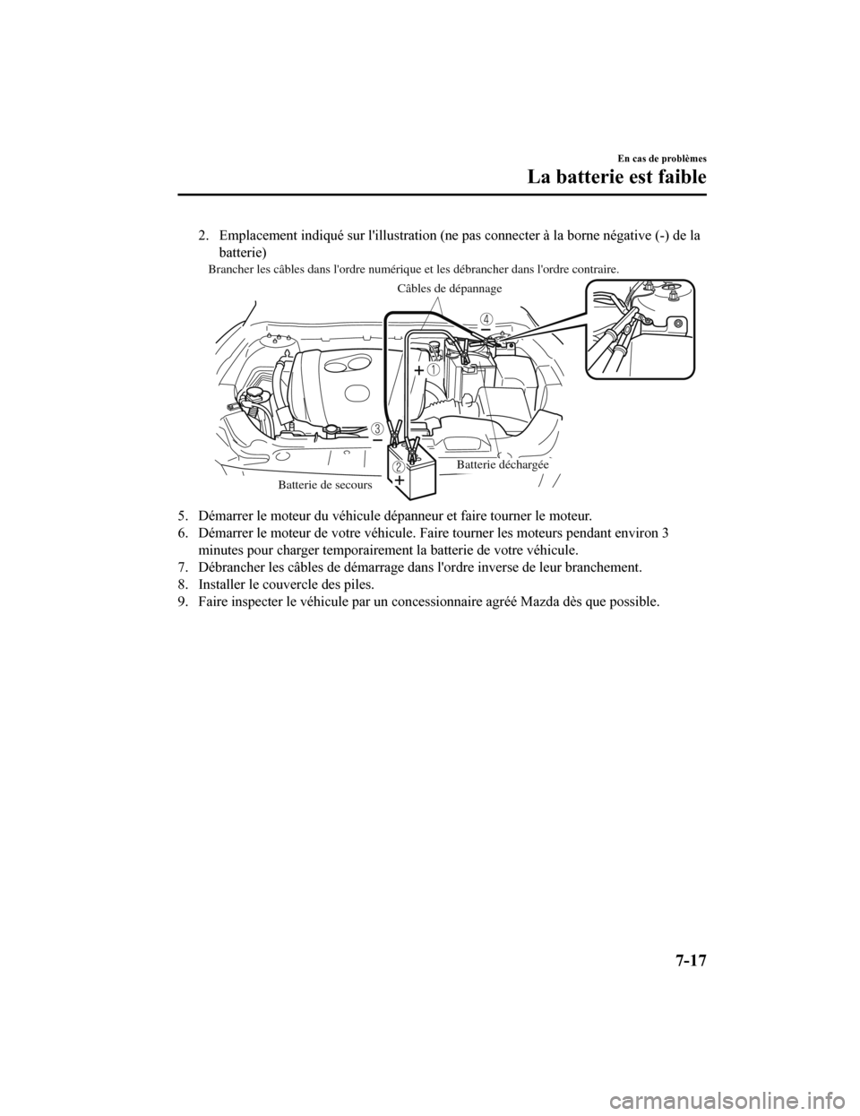 MAZDA MODEL 6 2019 Manuel du propriétaire (in French) 2. Emplacement indiqué sur lillustration (ne pas connecter à la borne négative (-) de la
batterie)
Brancher les câbles dans lordre numérique et les débrancher da\
ns lordre contraire.
Câbles MAZDA MODEL 6 2019 Manuel du propriétaire (in French) 2. Emplacement indiqué sur lillustration (ne pas connecter à la borne négative (-) de la
batterie)
Brancher les câbles dans lordre numérique et les débrancher da\
ns lordre contraire.
Câbles