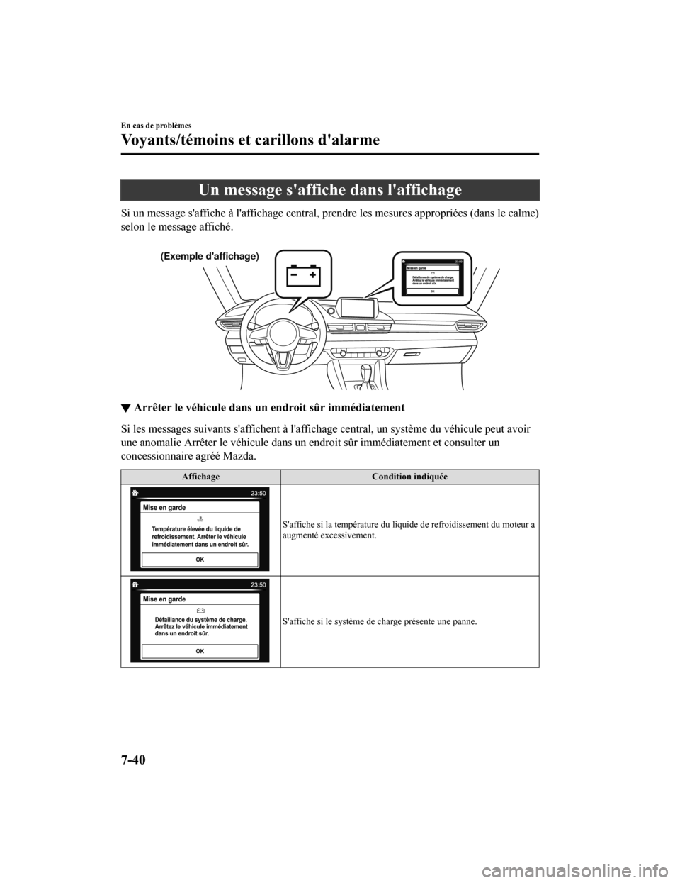 MAZDA MODEL 6 2019 Manuel du propriétaire (in French) Un message saffiche dans laffichage
Si un message saffiche à laffichage central, prendre les mesures appropriées (dans le calme)
selon le message affiché.
(Exemple daffichage)
▼ Arrêter l MAZDA MODEL 6 2019 Manuel du propriétaire (in French) Un message saffiche dans laffichage
Si un message saffiche à laffichage central, prendre les mesures appropriées (dans le calme)
selon le message affiché.
(Exemple daffichage)
▼ Arrêter l