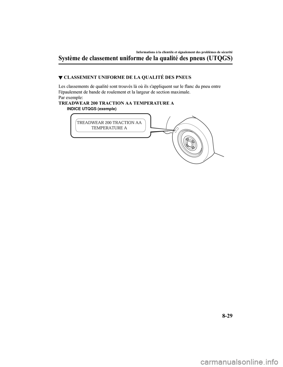 MAZDA MODEL 6 2019 Manuel du propriétaire (in French) ▼CLASSEMENT UNIFORME DE LA QUALITÉ DES PNEUS
Les classements de qualité sont trouvés là où ils sappliquent sur le flanc du pneu entre
lépaulement de bande de roulement et la largeur de secti MAZDA MODEL 6 2019 Manuel du propriétaire (in French) ▼CLASSEMENT UNIFORME DE LA QUALITÉ DES PNEUS
Les classements de qualité sont trouvés là où ils sappliquent sur le flanc du pneu entre
lépaulement de bande de roulement et la largeur de secti