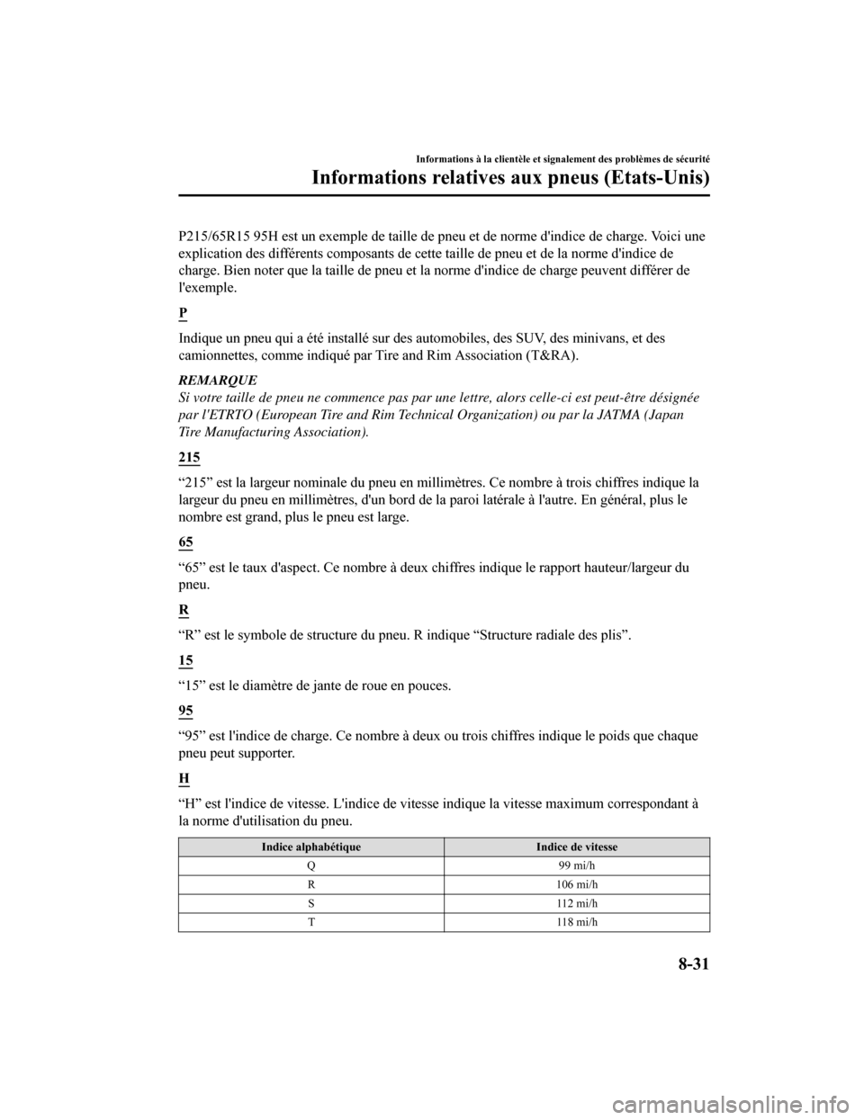 MAZDA MODEL 6 2019 Manuel du propriétaire (in French) P215/65R15 95H est un exemple de taille de pneu et de norme dindice de charge. Voici une
explication des différents composants de cette taille de pneu e t de la norme dindice de
charge. Bien noter MAZDA MODEL 6 2019 Manuel du propriétaire (in French) P215/65R15 95H est un exemple de taille de pneu et de norme dindice de charge. Voici une
explication des différents composants de cette taille de pneu e t de la norme dindice de
charge. Bien noter