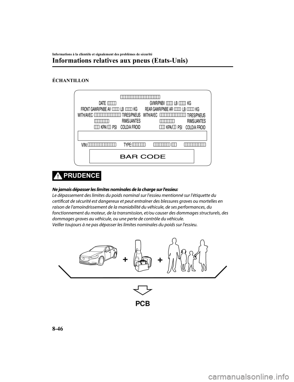 MAZDA MODEL 6 2019 Manuel du propriétaire (in French) ÉCHANTILLON
PRUDENCE
Ne jamais dépasser les limites nominales de la charge sur lessieu:
Le dépassement des limites du poids nominal sur lessieu mentionné sur létiquette du
certificat de séc MAZDA MODEL 6 2019 Manuel du propriétaire (in French) ÉCHANTILLON
PRUDENCE
Ne jamais dépasser les limites nominales de la charge sur lessieu:
Le dépassement des limites du poids nominal sur lessieu mentionné sur létiquette du
certificat de séc