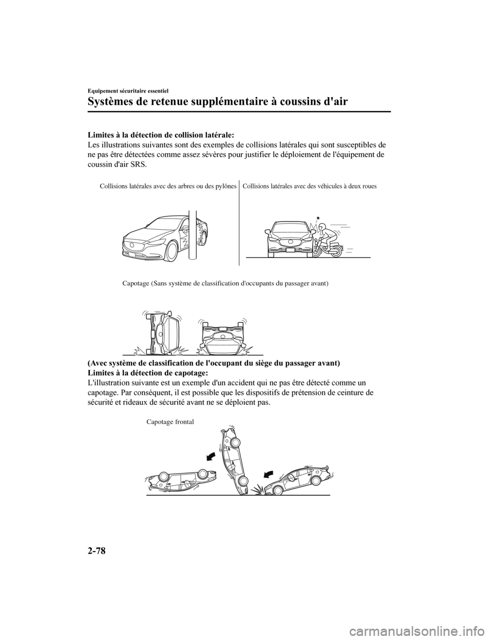 MAZDA MODEL 6 2019 Manuel du propriétaire (in French) Limites à la détection de collision latérale:
Les illustrations suivantes sont des exemples de collisions latérales qui sont susceptibles de
ne pas être détectées comme assez sévères pour jus MAZDA MODEL 6 2019 Manuel du propriétaire (in French) Limites à la détection de collision latérale:
Les illustrations suivantes sont des exemples de collisions latérales qui sont susceptibles de
ne pas être détectées comme assez sévères pour jus