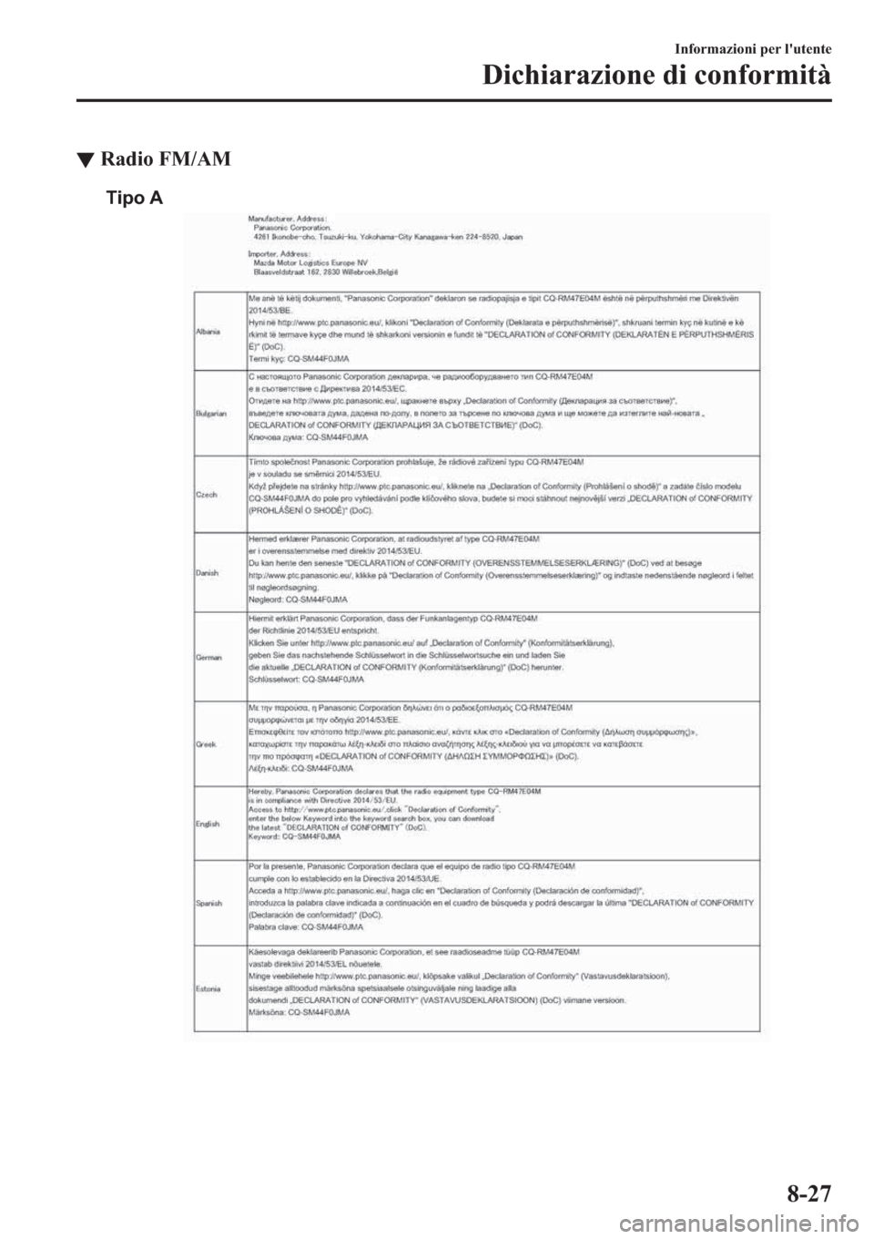MAZDA MODEL 6 2019  Manuale del proprietario (in Italian)  ▼�5�D�G�L�R��)�0��$�0
Tipo A
�,�Q�I�R�U�P�D�]�L�R�Q�L��S�H�U��O�
�X�W�H�Q�W�H
��L�F�K�L�D�U�D�]�L�R�Q�H��G�L��F�R�Q�I�R�U�P�L�W�j
���� 