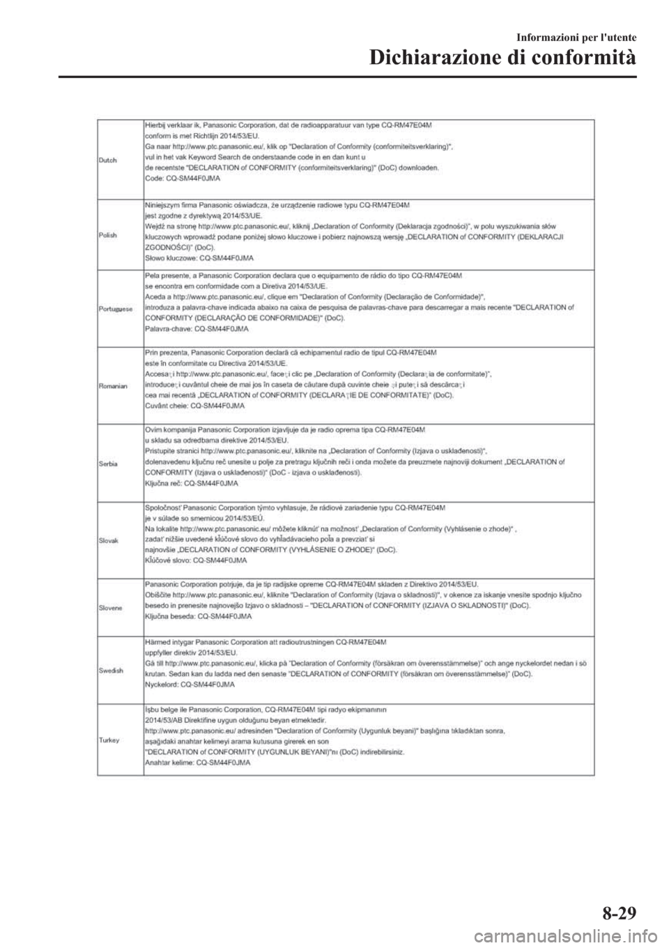 MAZDA MODEL 6 2019  Manuale del proprietario (in Italian)  �,�Q�I�R�U�P�D�]�L�R�Q�L��S�H�U��O�
�X�W�H�Q�W�H
��L�F�K�L�D�U�D�]�L�R�Q�H��G�L��F�R�Q�I�R�U�P�L�W�j
���� 