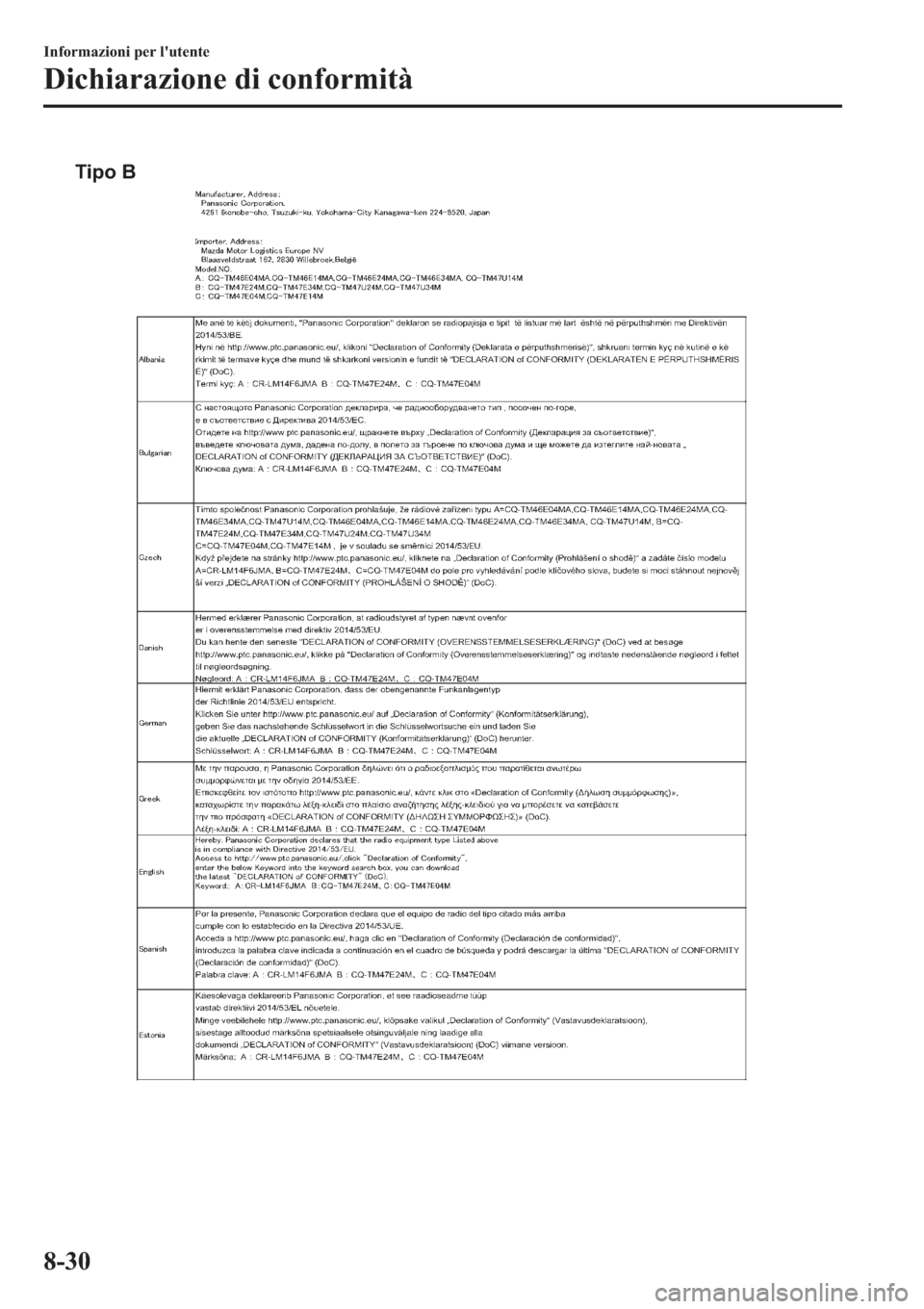 MAZDA MODEL 6 2019  Manuale del proprietario (in Italian)  Tipo B
�,�Q�I�R�U�P�D�]�L�R�Q�L��S�H�U��O�
�X�W�H�Q�W�H
��L�F�K�L�D�U�D�]�L�R�Q�H��G�L��F�R�Q�I�R�U�P�L�W�j
���� 