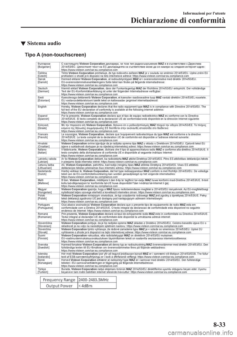 MAZDA MODEL 6 2019  Manuale del proprietario (in Italian)  ▼�6�L�V�W�H�P�D��D�X�G�L�R
Tipo A (non-touchscreen)
�,�Q�I�R�U�P�D�]�L�R�Q�L��S�H�U��O�
�X�W�H�Q�W�H
��L�F�K�L�D�U�D�]�L�R�Q�H��G�L��F�R�Q�I�R�U�P�L�W�j
���� 