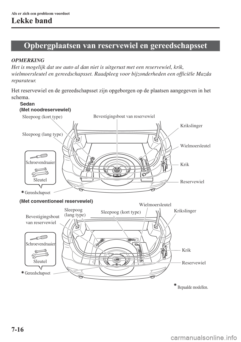 MAZDA MODEL 6 2019  Handleiding (in Dutch) �2�S�E�H�U�J�S�O�D�D�W�V�H�Q��Y�D�Q��U�H�V�H�U�Y�H�Z�L�H�O��H�Q��J�H�U�H�H�G�V�F�K�D�S�V�V�H�W
OPMERKING
Het is mogelijk dat uw auto al dan niet is uitgerust met een reservewiel, krik,
wielmoersle