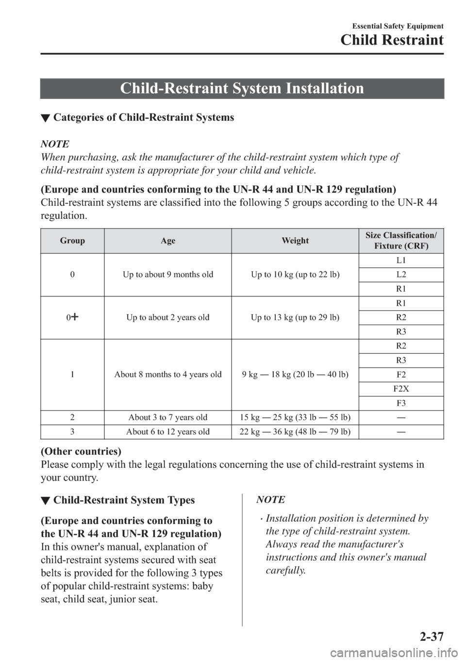 MAZDA MODEL 6 2018  Owners Manual (in English) �&�K�L�O�G��5�H�V�W�U�D�L�Q�W��6�\�V�W�H�P��,�Q�V�W�D�O�O�D�W�L�R�Q
▼�&�D�W�H�J�R�U�L�H�V��R�I��&�K�L�O�G��5�H�V�W�U�D�L�Q�W��6�\�V�W�H�P�V
NOTE
When purchasing, ask the manufacturer of the c