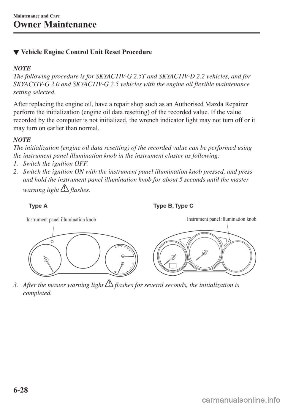MAZDA MODEL 6 2018   (in English) User Guide ▼�9�H�K�L�F�O�H��(�Q�J�L�Q�H��&�R�Q�W�U�R�O��8�Q�L�W��5�H�V�H�W��3�U�R�F�H�G�X�U�H
NOTE
The following procedure is for SKYACTIV-G 2.5T and SKYACTIV-D 2.2 vehicles, and for
SKYACTIV-G 2.0 and SK