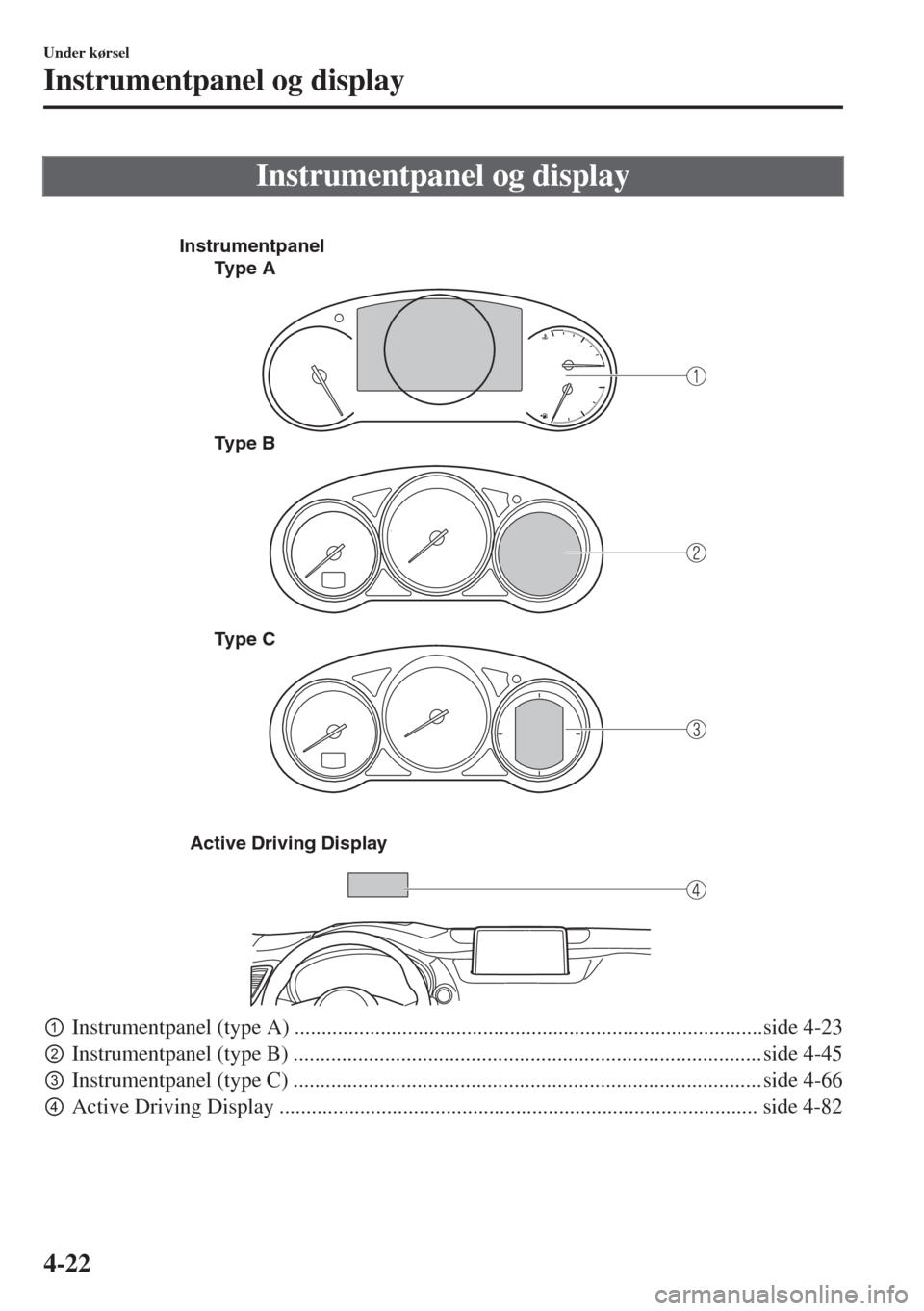 MAZDA MODEL 6 2018  Instruktionsbog (in Danish) Instrumentpanel og display
 
�)�N�S�T�R�U�M�E�N�T�P�A�N�E�L
�4�Y�P�E���!
�4�Y�P�E���"
�4�Y�P�E���#
�!�C�T�I�V�E���$�R�I�V�I�N�G���$�I�S�P�L�A�Y
pInstrumentpanel (type A) .............................