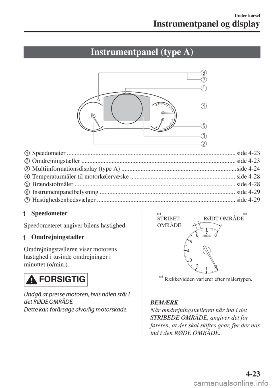 MAZDA MODEL 6 2018  Instruktionsbog (in Danish) Instrumentpanel (type A)
 
pSpeedometer .......................................................................................................... side 4-23
qOmdrejningstæller .....................