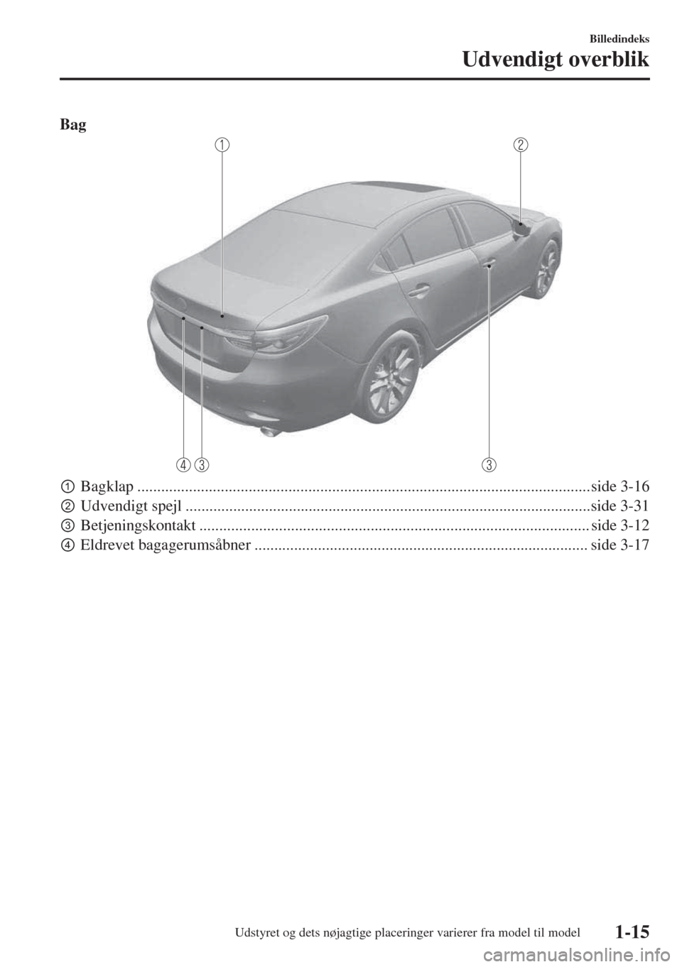 MAZDA MODEL 6 2018  Instruktionsbog (in Danish) Bag
pBagklap ..................................................................................................................side 3-16
qUdvendigt spejl ............................................