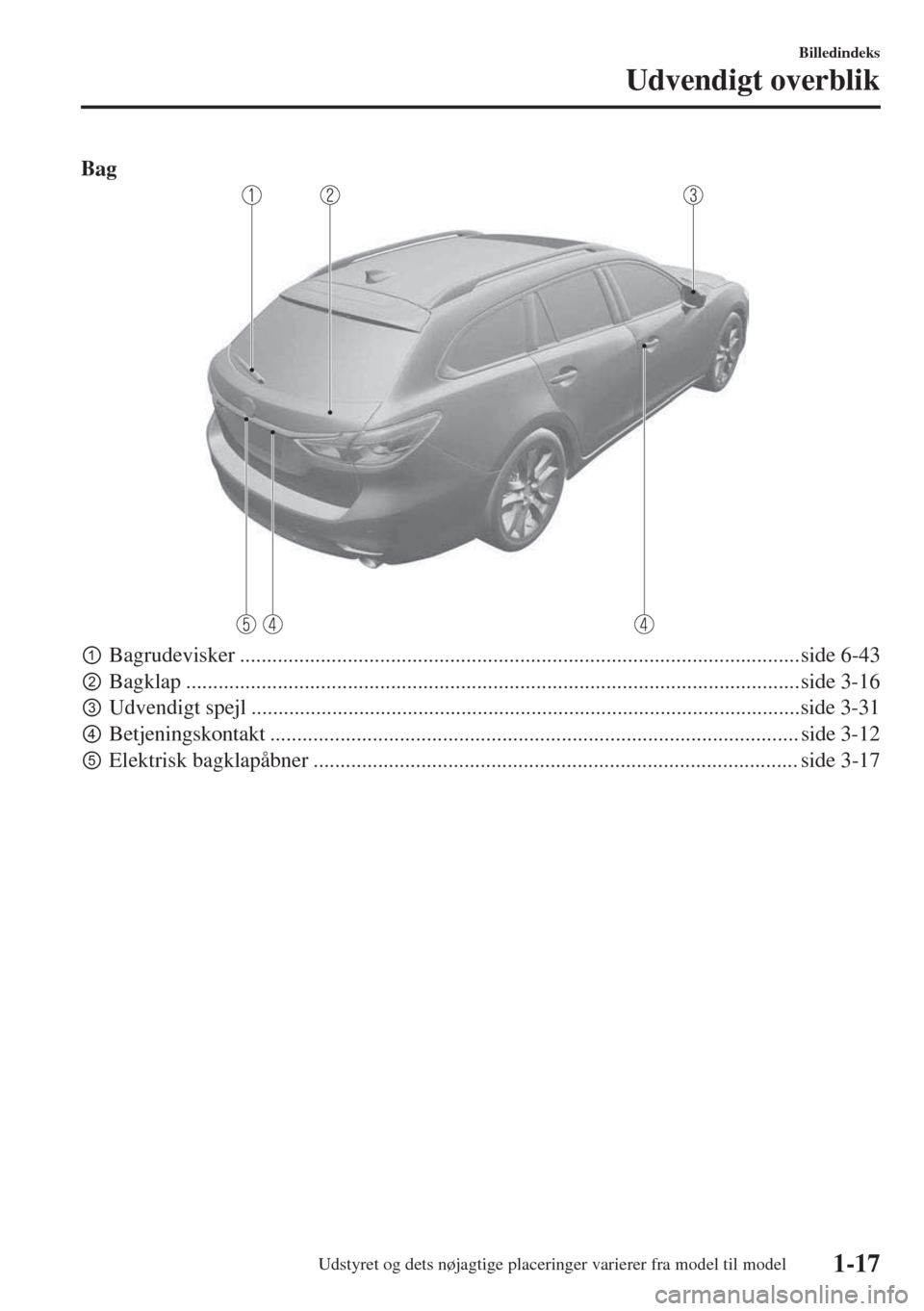 MAZDA MODEL 6 2018  Instruktionsbog (in Danish) Bag
pBagrudevisker ........................................................................................................side 6-43
qBagklap ........................................................