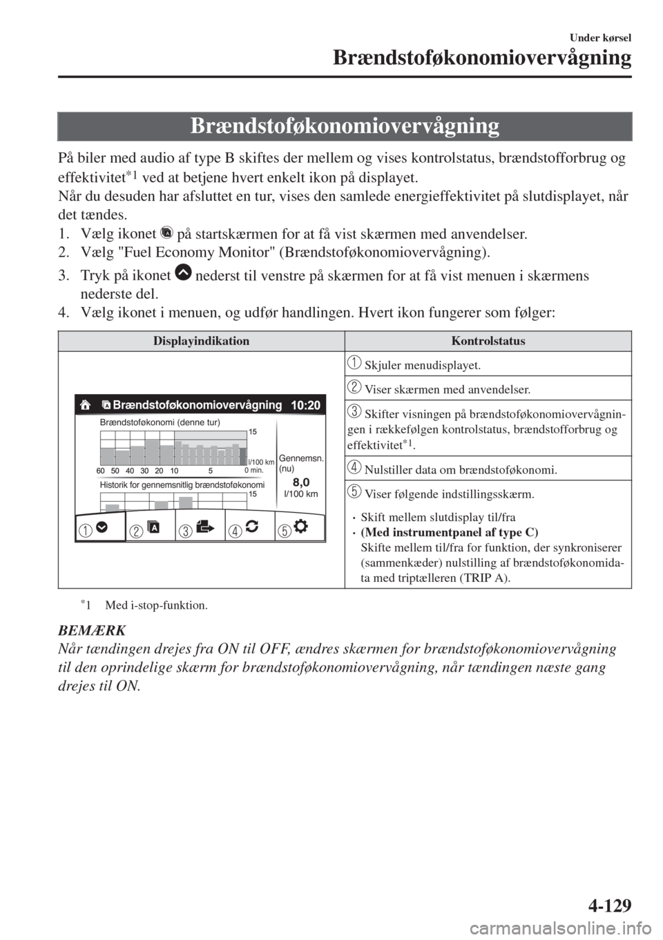 MAZDA MODEL 6 2018  Instruktionsbog (in Danish) Brændstoføkonomiovervågning
På biler med audio af type B skiftes der mellem og vises kontrolstatus, brændstofforbrug og
effektivitet
*1 ved at betjene hvert enkelt ikon på displayet.
Når du des