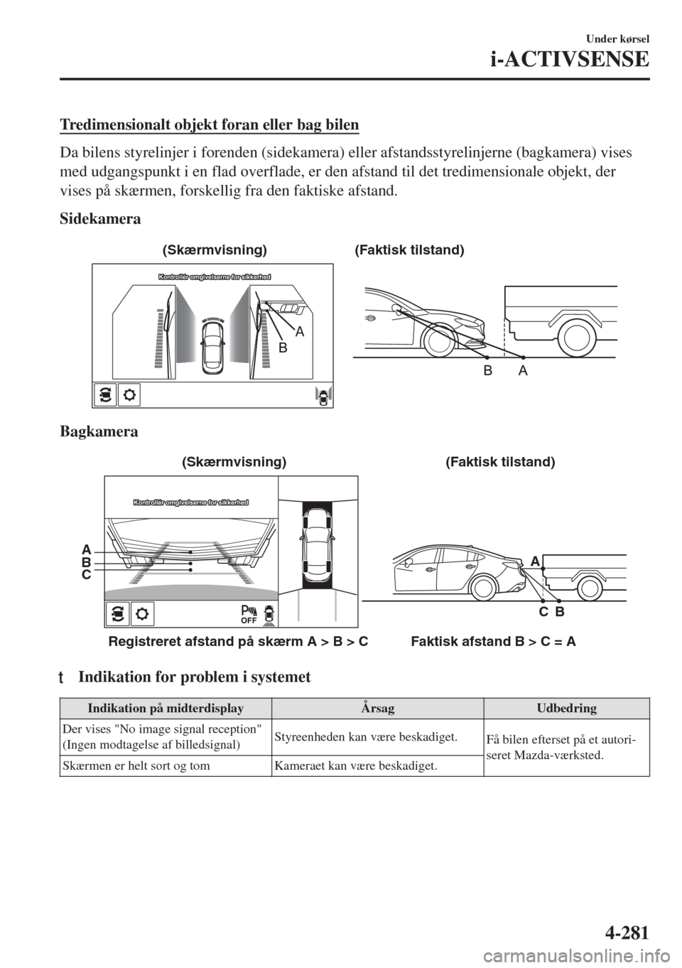 MAZDA MODEL 6 2018  Instruktionsbog (in Danish) Tredimensionalt objekt foran eller bag bilen
Da bilens styrelinjer i forenden (sidekamera) eller afstandsstyrelinjerne (bagkamera) vises
med udgangspunkt i en flad overflade, er den afstand til det tr