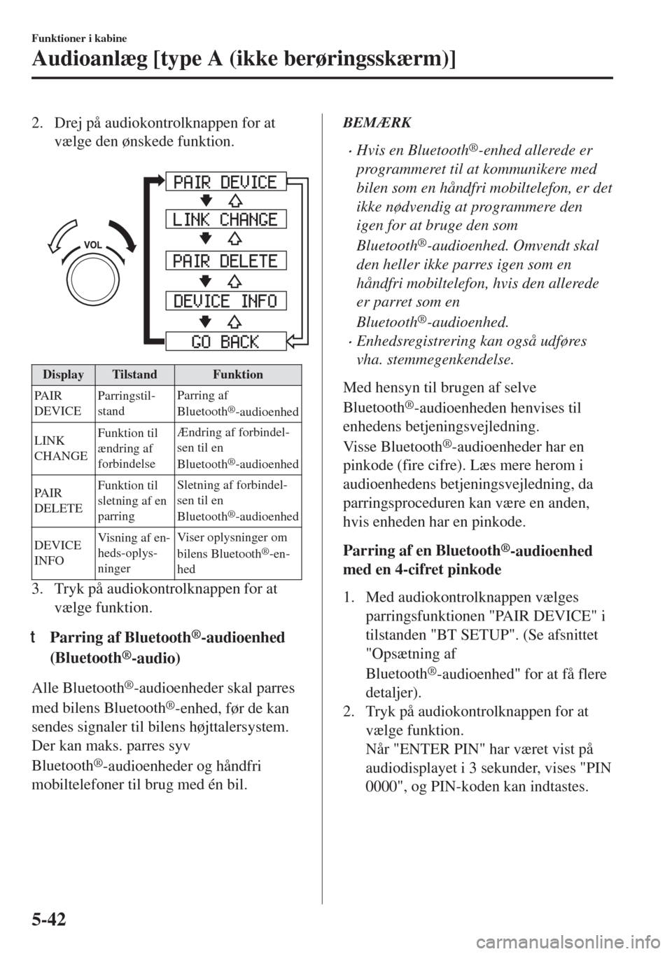 MAZDA MODEL 6 2018  Instruktionsbog (in Danish) 2. Drej på audiokontrolknappen for at
vælge den ønskede funktion.
 
Display Tilstand Funktion
PA I R
DEVICEParringstil-
standParring af
Bluetooth
®-audioenhed
LINK
CHANGEFunktion til
ændring af
f