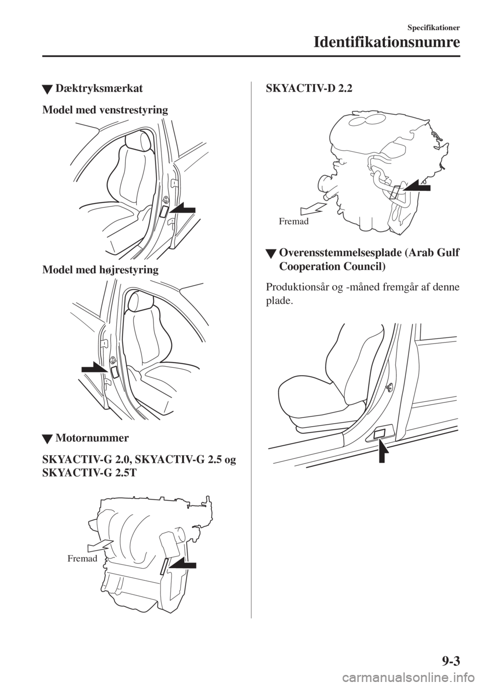 MAZDA MODEL 6 2018  Instruktionsbog (in Danish) �WDæktryksmærkat
Model med venstrestyring
Model med højrestyring
�WMotornummer
SKYACTIV-G 2.0, SKYACTIV-G 2.5 og
SKYACTIV-G 2.5T
 
Fremad
SKYACTIV-D 2.2
 
Fremad
�WOverensstemmelsesplade (Arab Gulf