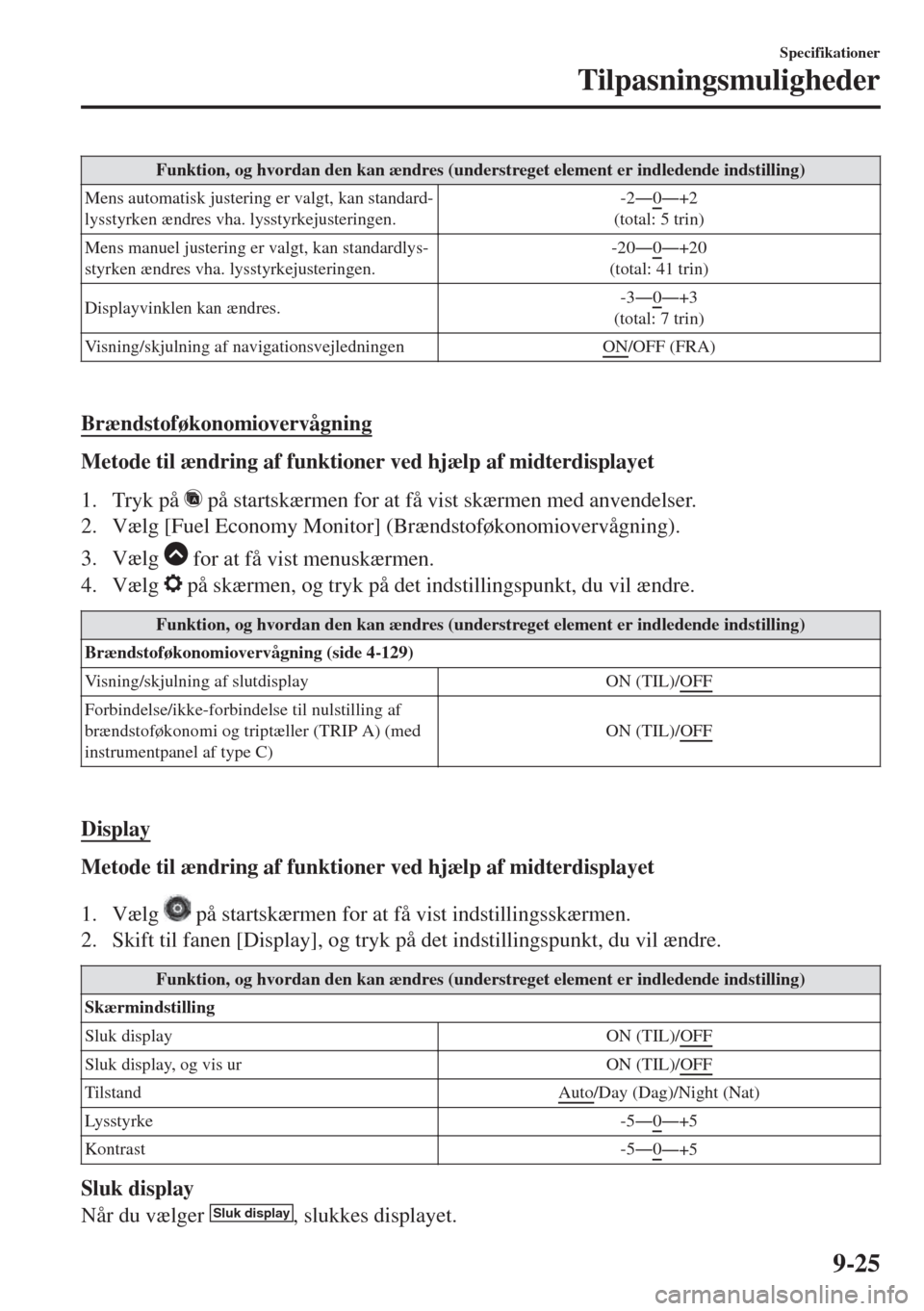 MAZDA MODEL 6 2018  Instruktionsbog (in Danish) Funktion, og hvordan den kan ændres (understreget element er indledende indstilling)
Mens automatisk justering er valgt, kan standard-
lysstyrken ændres vha. lysstyrkejusteringen.-2Š0
Š+2
(total