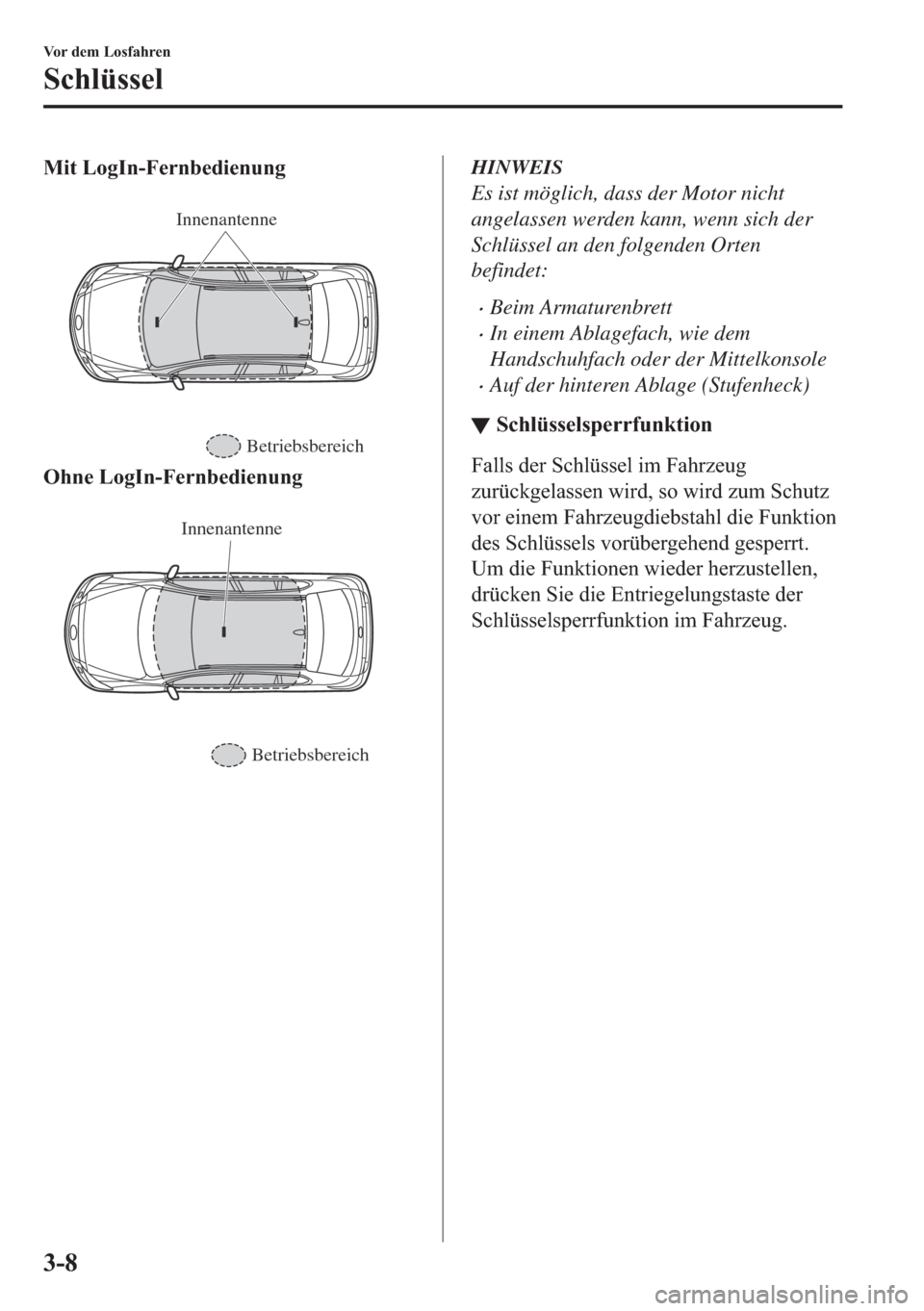 MAZDA MODEL 6 2018  Betriebsanleitung (in German) �0�L�W��/�R�J�,�Q��)�H�U�Q�E�H�G�L�H�Q�X�Q�J
�
Innenantenne
Betriebsbereich
�2�K�Q�H��/�R�J�,�Q��)�H�U�Q�E�H�G�L�H�Q�X�Q�J
�
Innenantenne
Betriebsbereich
HINWEIS
Es ist möglich, dass der Motor 